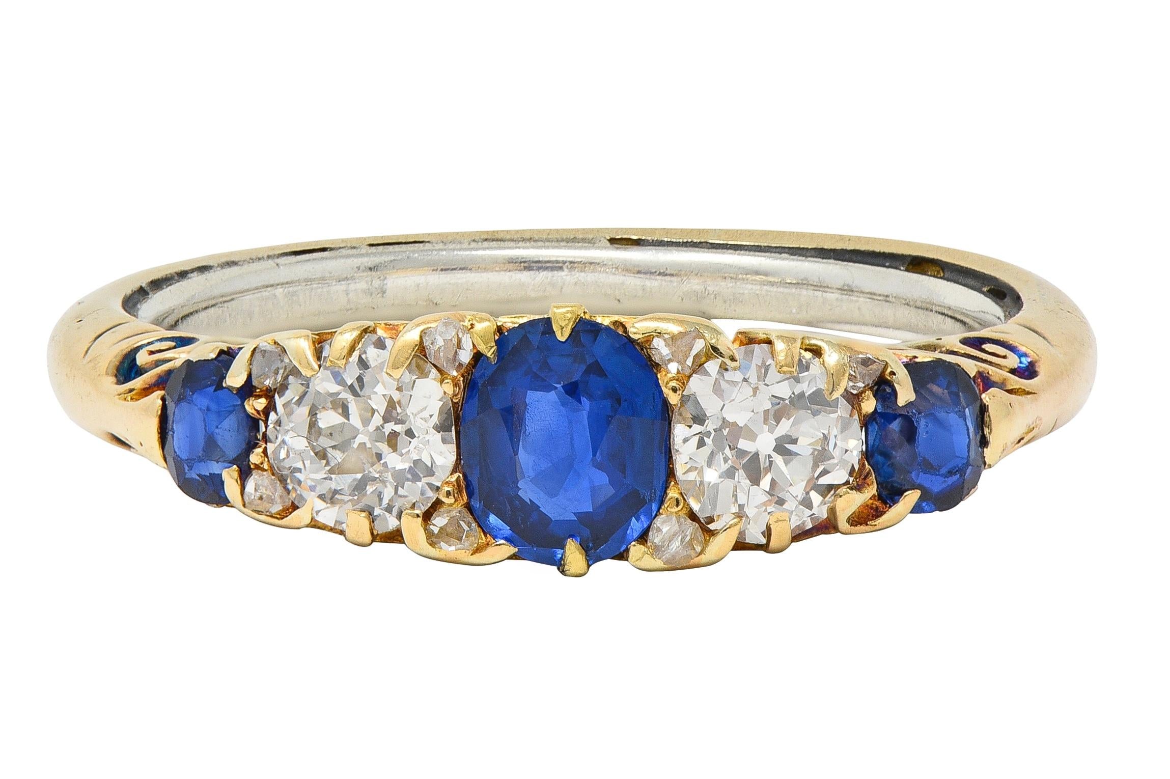 Victorian 1.40 CTW Sapphire Diamond 18K Yellow Gold Antique Scroll Band Ring