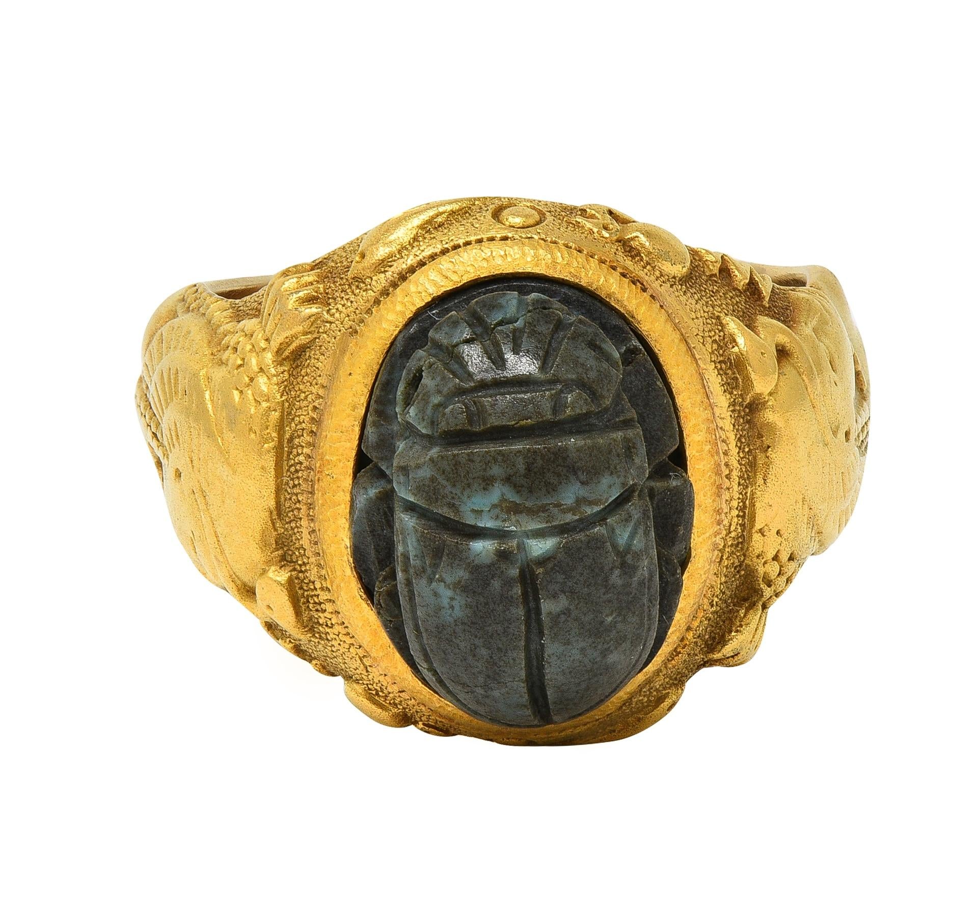 Jones Woodland Art Deco Egyptian Revival Hardstone 14K Gold Antique Scarab Ring