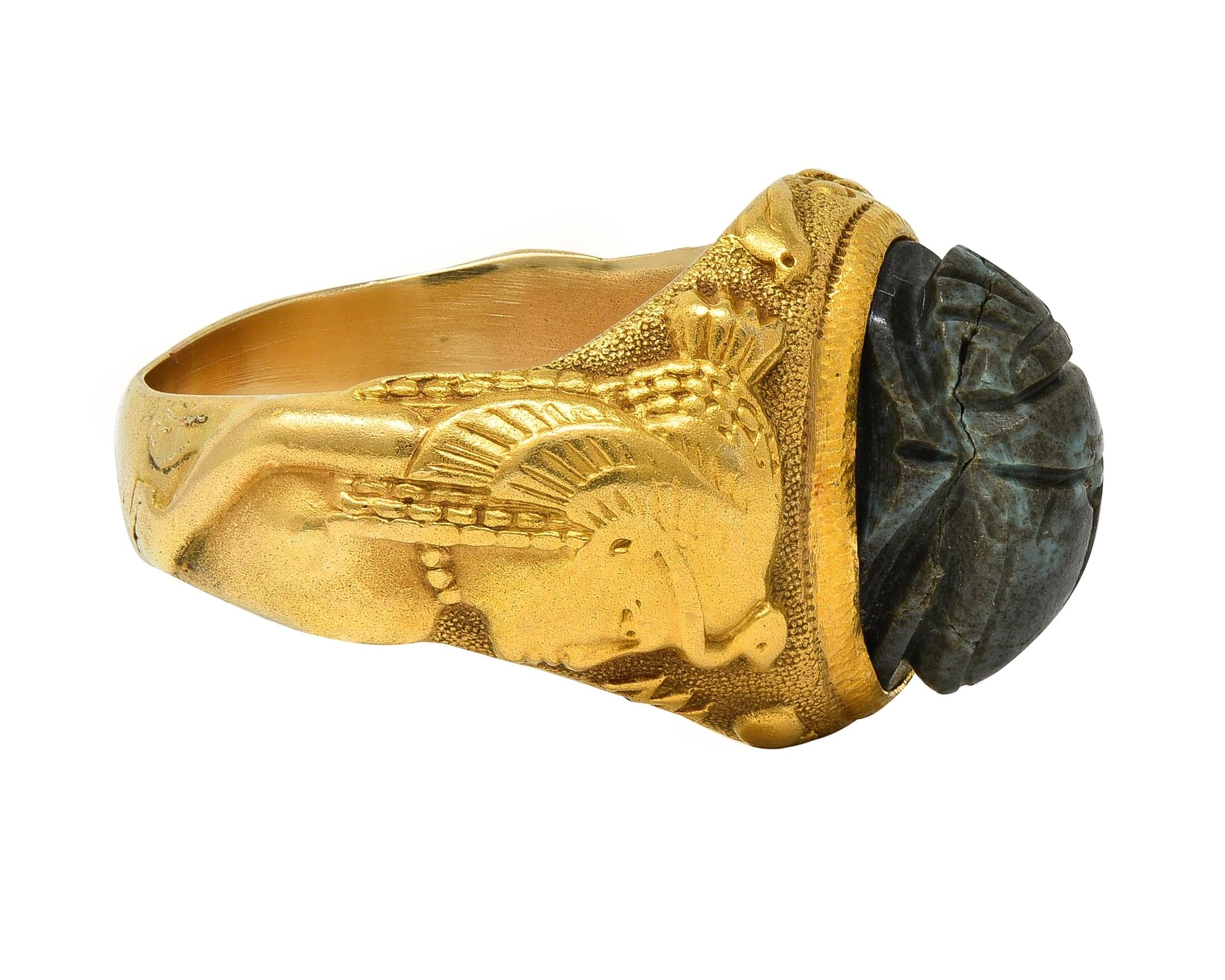 Jones Woodland Art Deco Egyptian Revival Hardstone 14K Gold Antique Scarab Ring