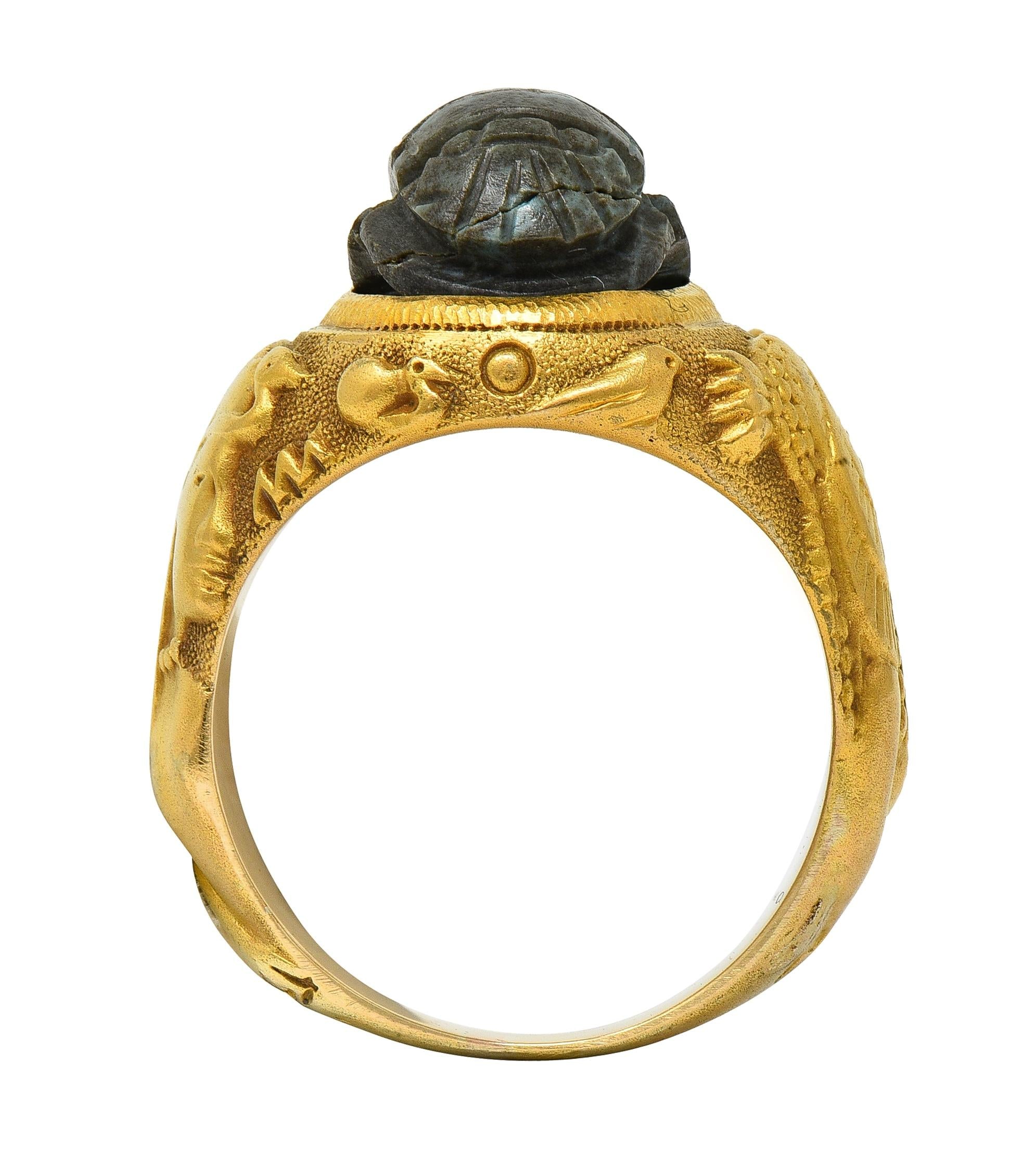 Jones Woodland Art Deco Egyptian Revival Hardstone 14K Gold Antique Scarab Ring
