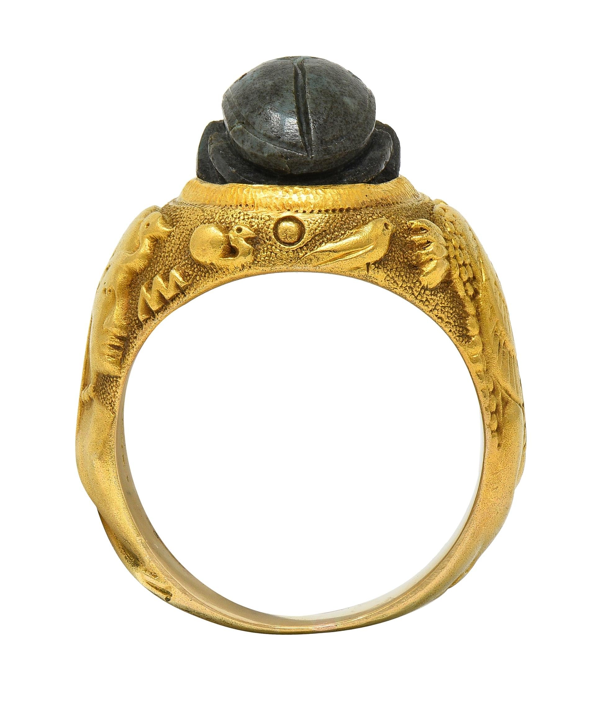 Jones Woodland Art Deco Egyptian Revival Hardstone 14K Gold Antique Scarab Ring