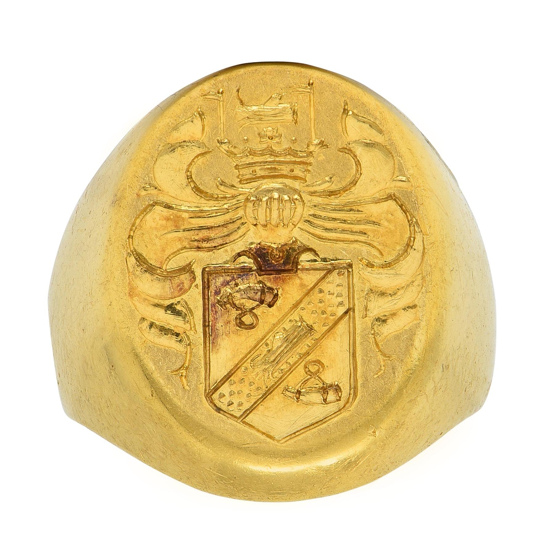 Edwardian Merrin 18 Karat Yellow Gold Antique Heraldic Crest Signet Ring