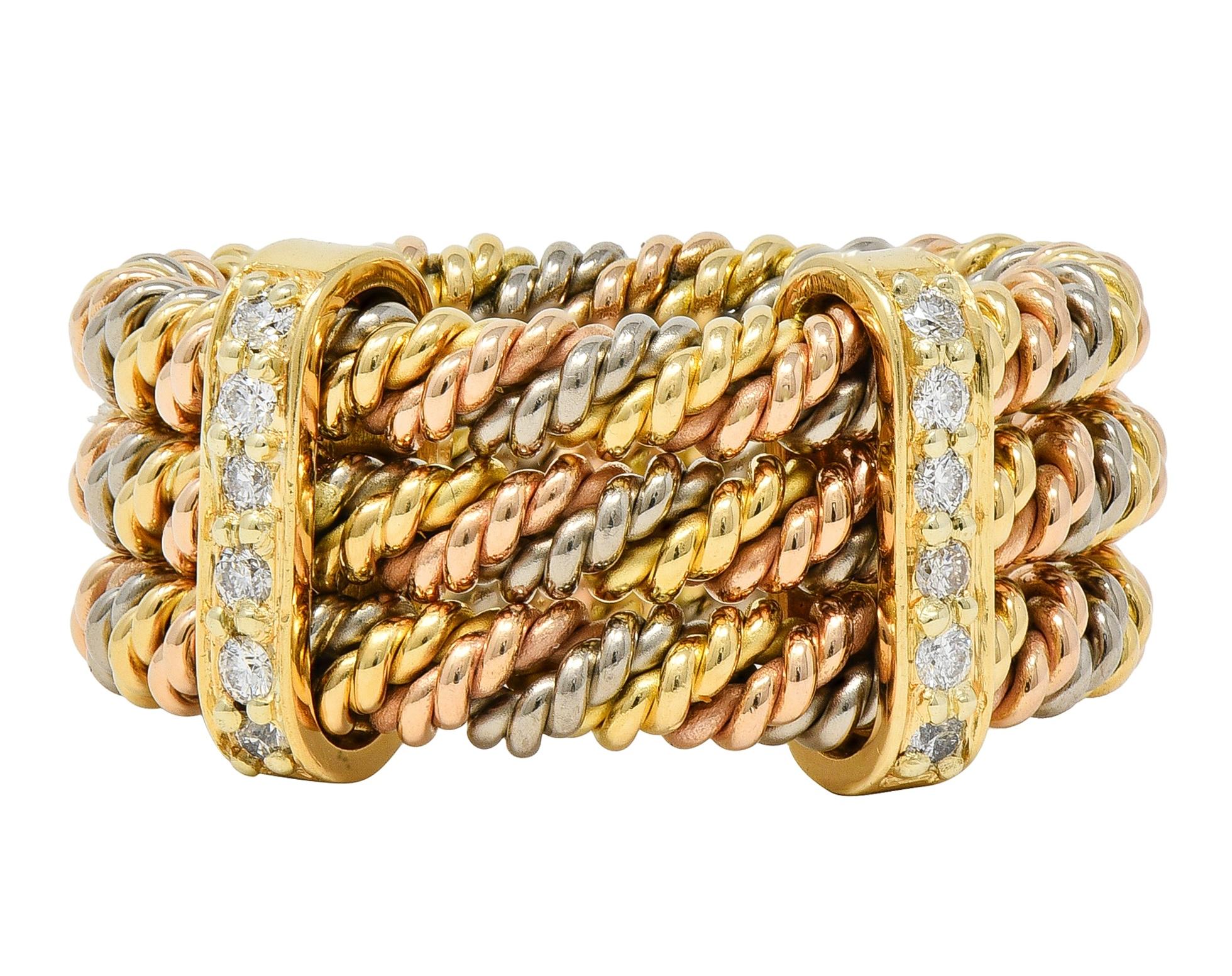 1970's Georg Jensen Diamond 18K Tri-Colored Gold Twisted Rope Vintage Band Ring
