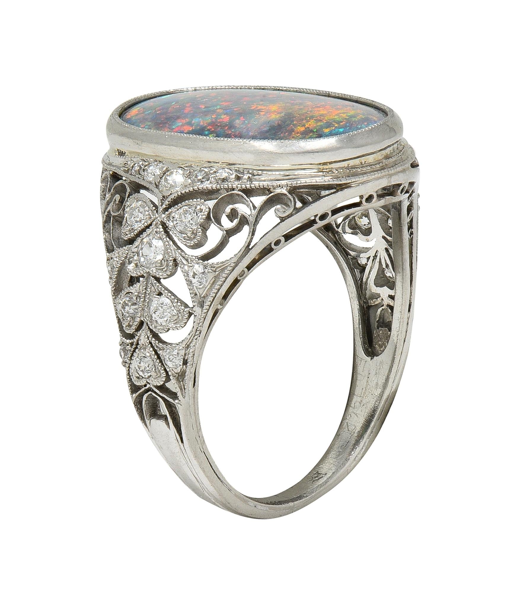 Edwardian Black Opal Diamond Platinum Antique Clover Dinner Ring