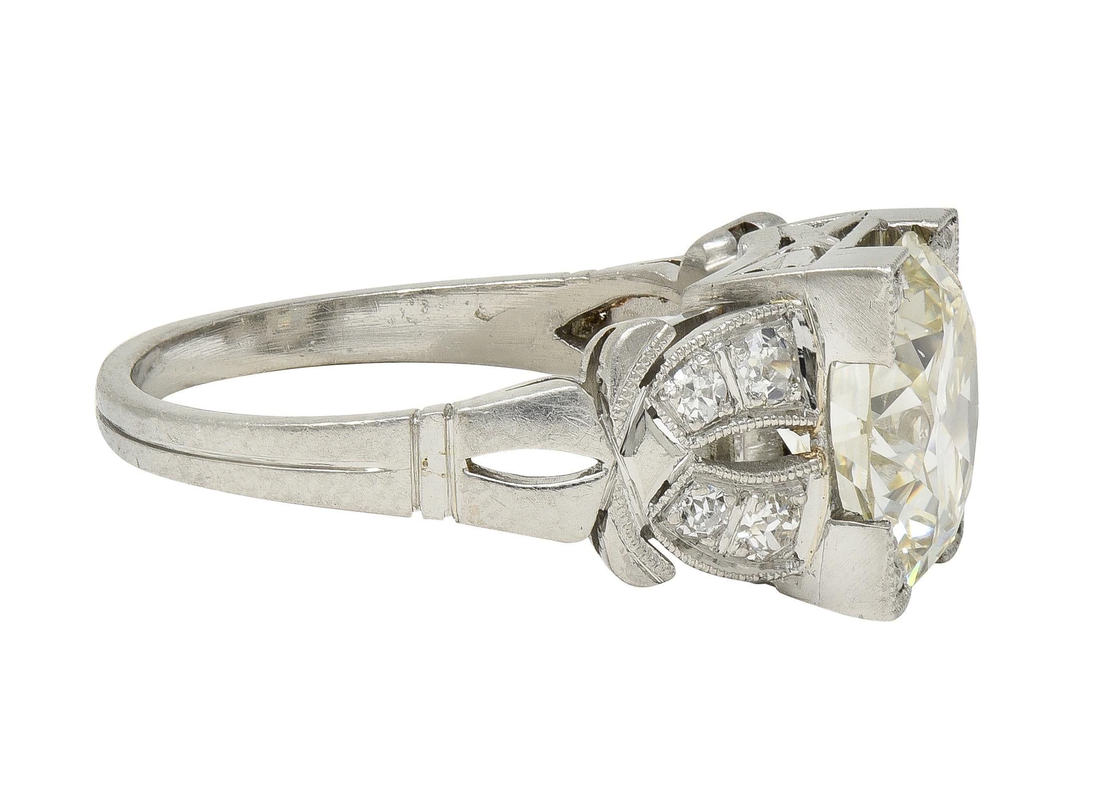 Art Deco 2.95 CTW European Diamond Platinum Vintage Buckle Engagement Ring GIA