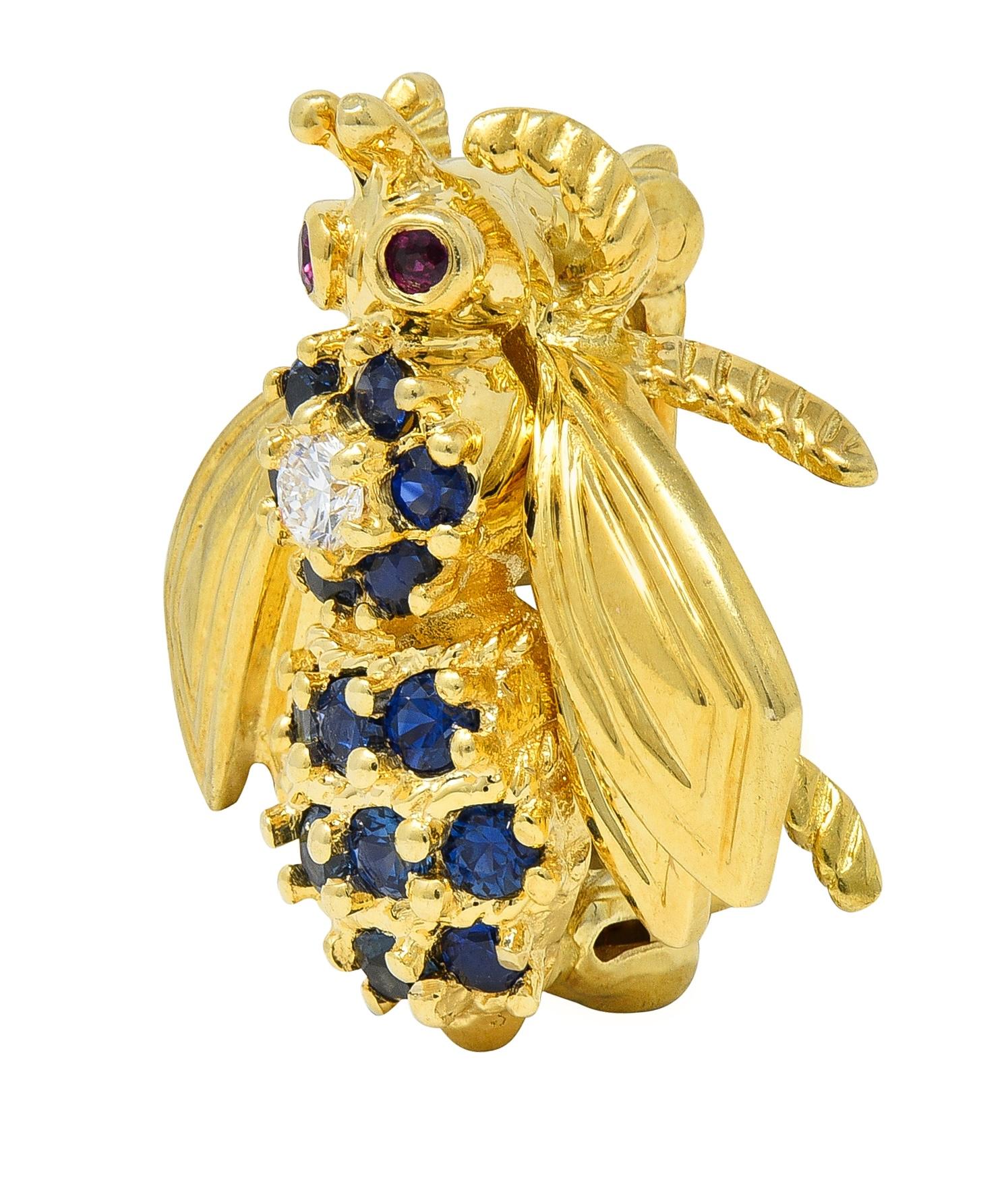 Tiffany & Co. 1960s Diamond Ruby Sapphire 18K Yellow Gold Vintage Bee Bug Brooch
