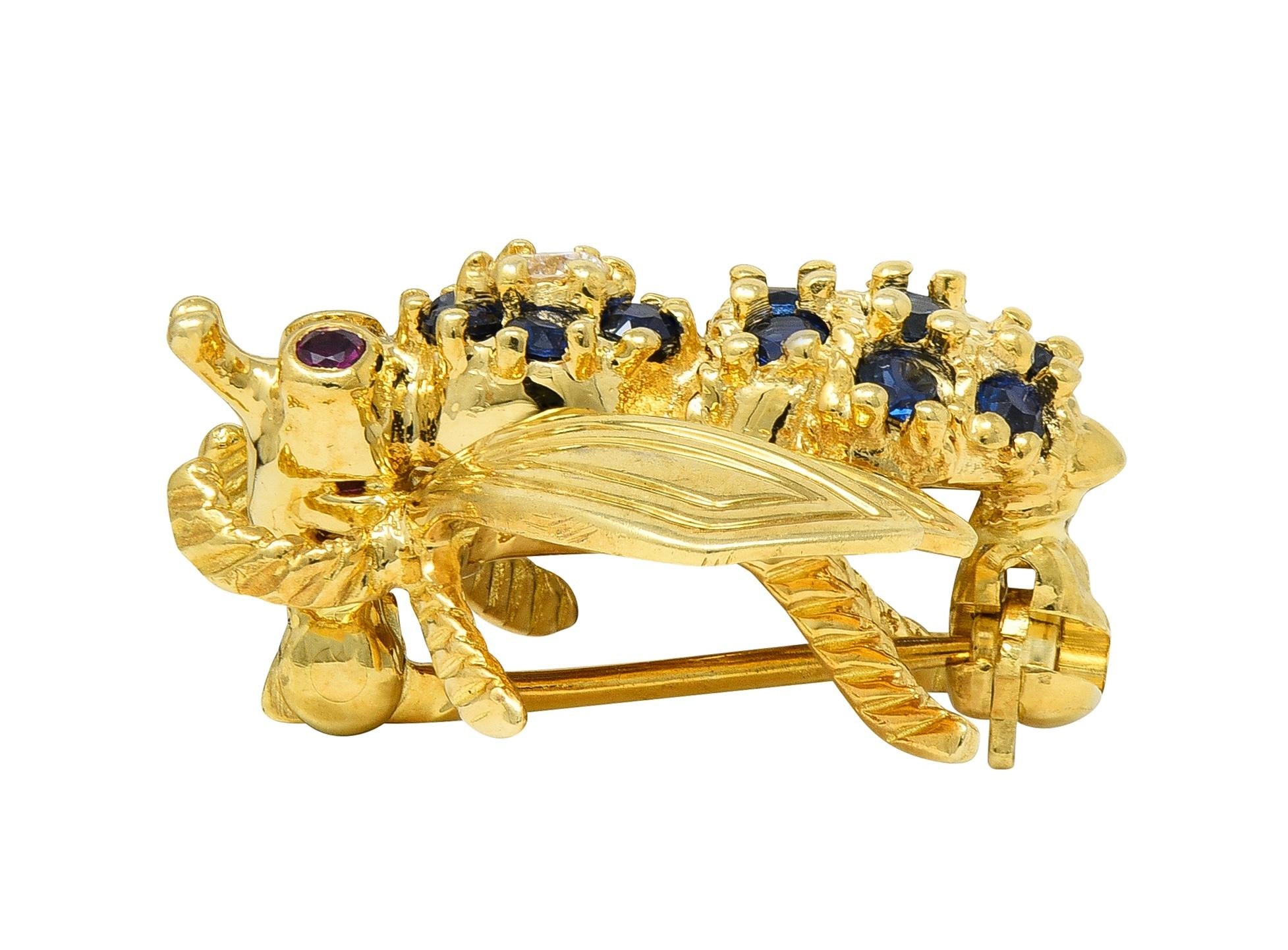 Tiffany & Co. 1960s Diamond Ruby Sapphire 18K Yellow Gold Vintage Bee Bug Brooch