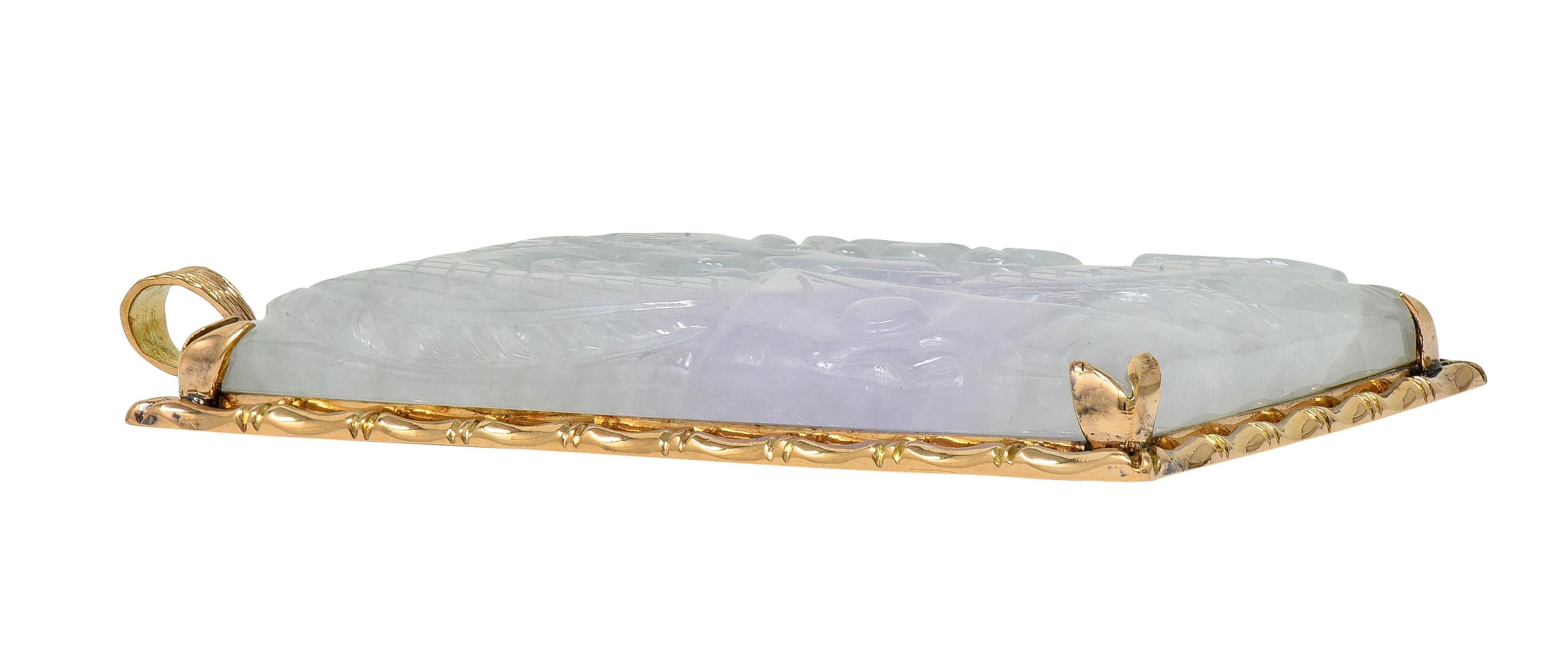 1970's Carved Pastel Jade 14 Karat Yellow Gold Vintage Dragon Pendant