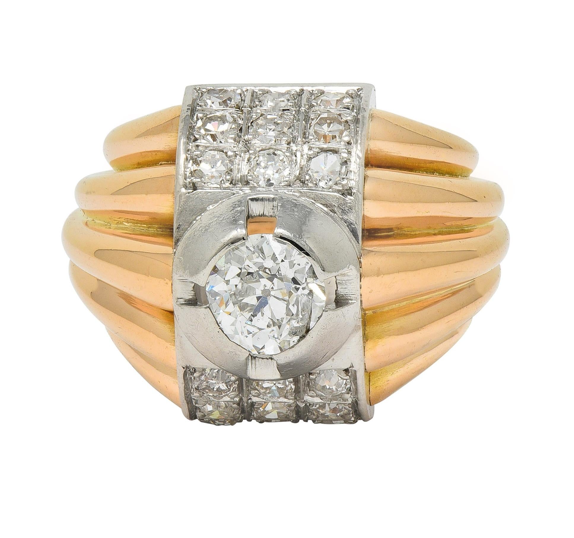 Retro French 1.65 CTW Diamond Platinum 18K Gold Vintage Domed Gadroon Ring