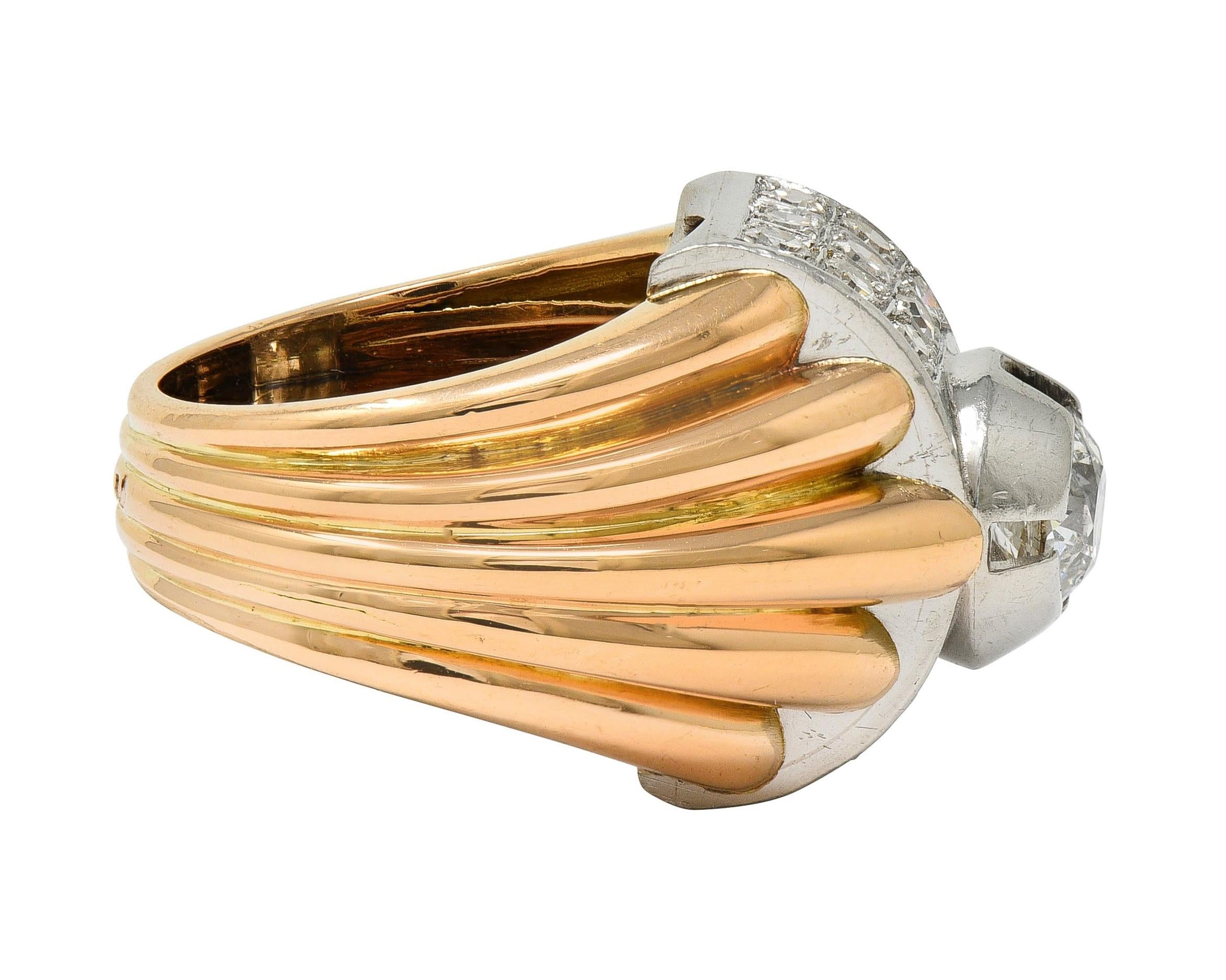 Retro French 1.65 CTW Diamond Platinum 18K Gold Vintage Domed Gadroon Ring