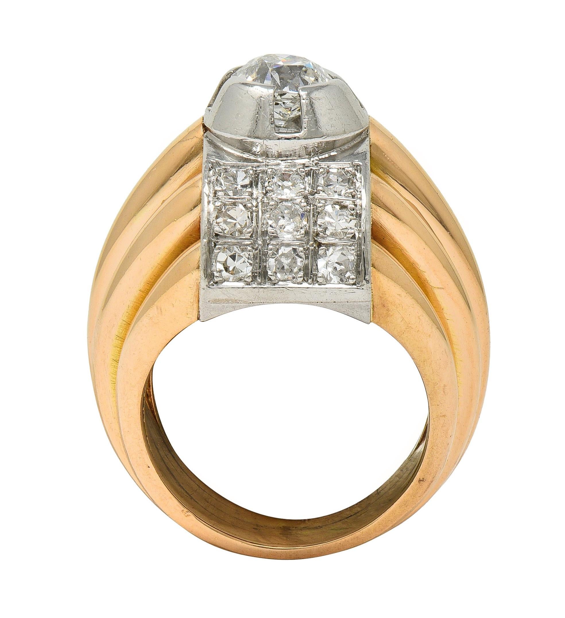 Retro French 1.65 CTW Diamond Platinum 18K Gold Vintage Domed Gadroon Ring