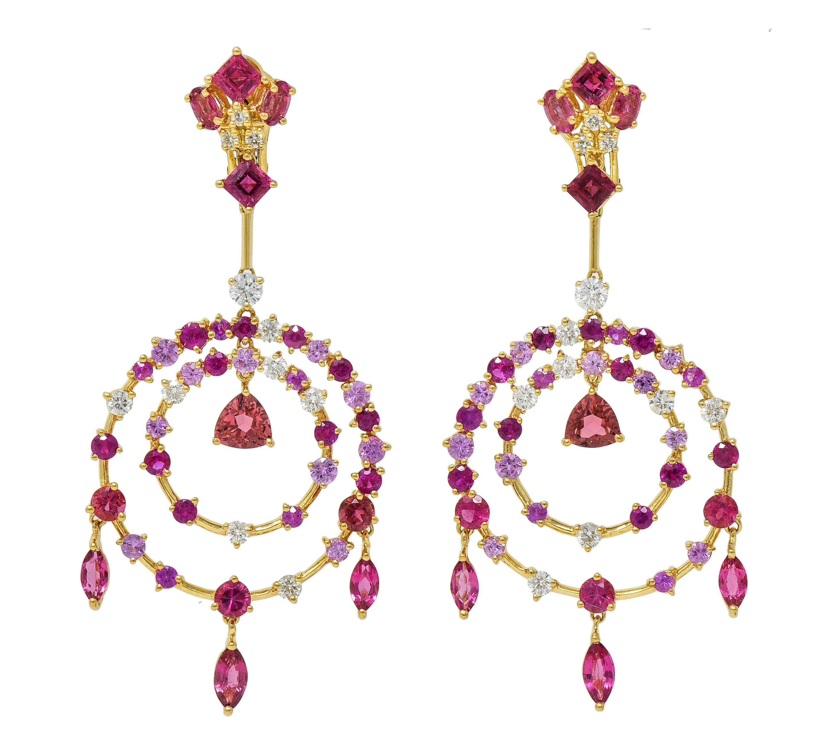 Contemporary 8.50 CTW Pink Sapphire Diamond Tourmaline 18K Fringe Drop Earrings