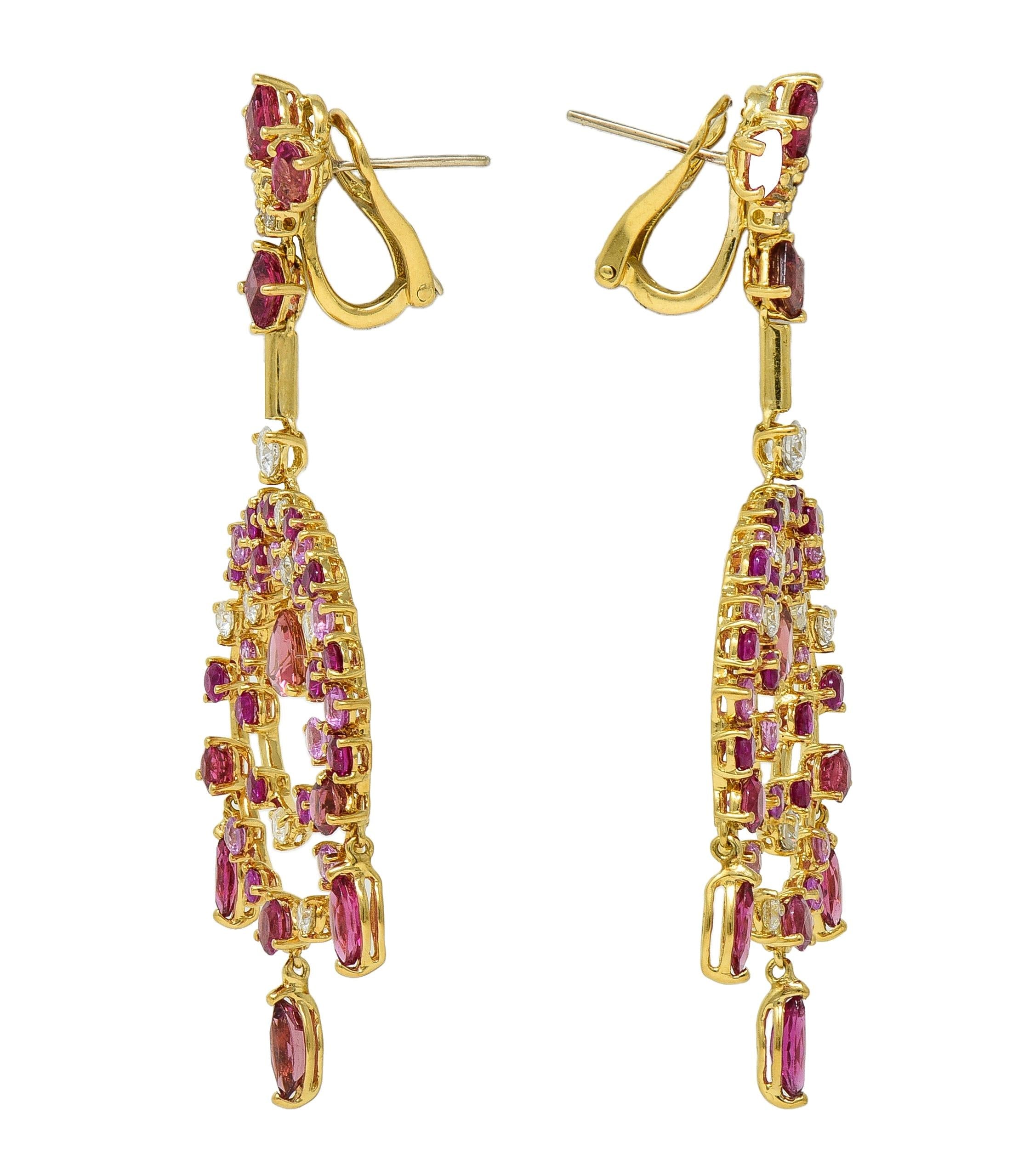 Contemporary 8.50 CTW Pink Sapphire Diamond Tourmaline 18K Fringe Drop Earrings