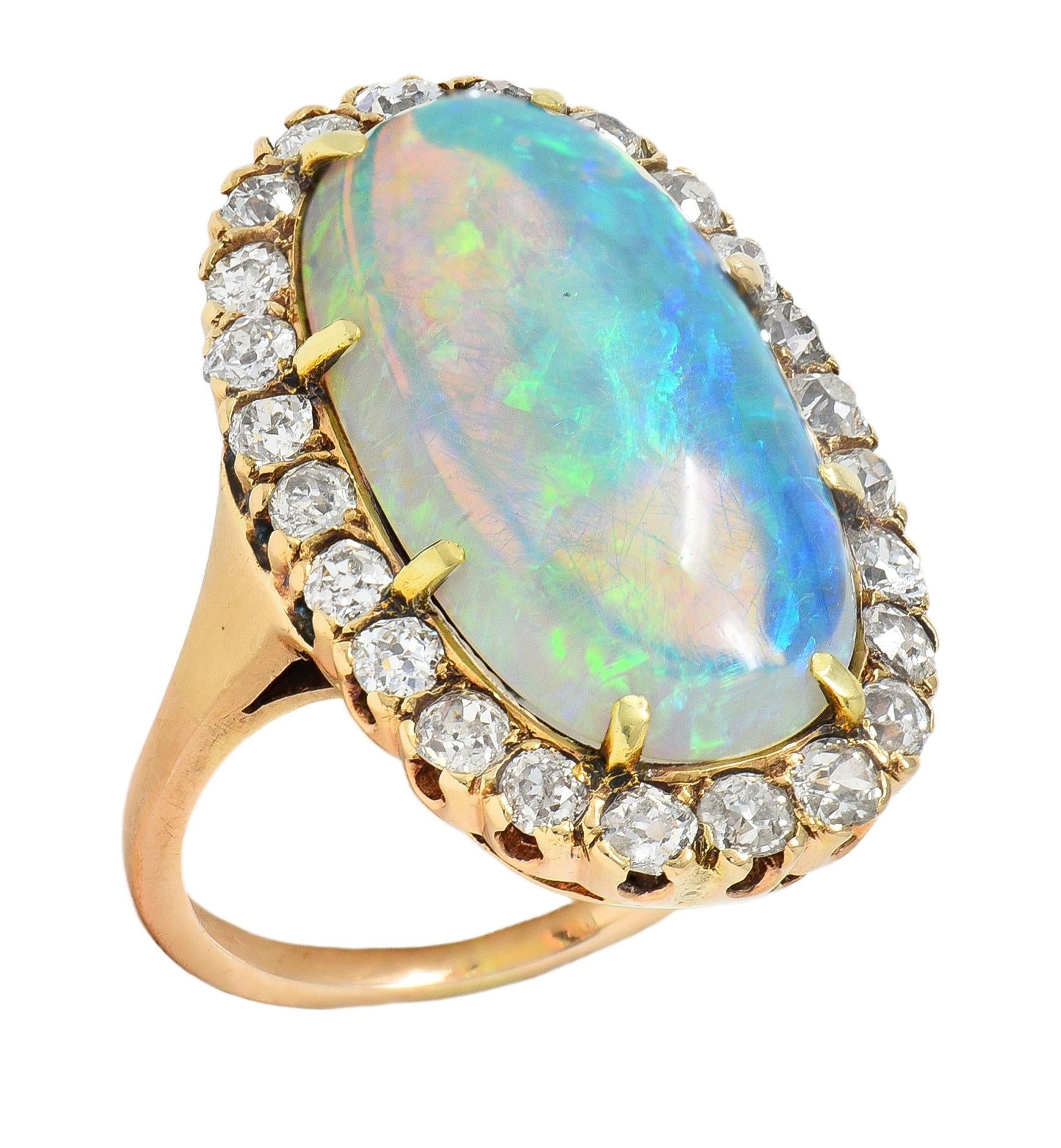 Victorian Jelly Opal Diamond 14 Karat Yellow Gold Antique Halo Cocktail Ring