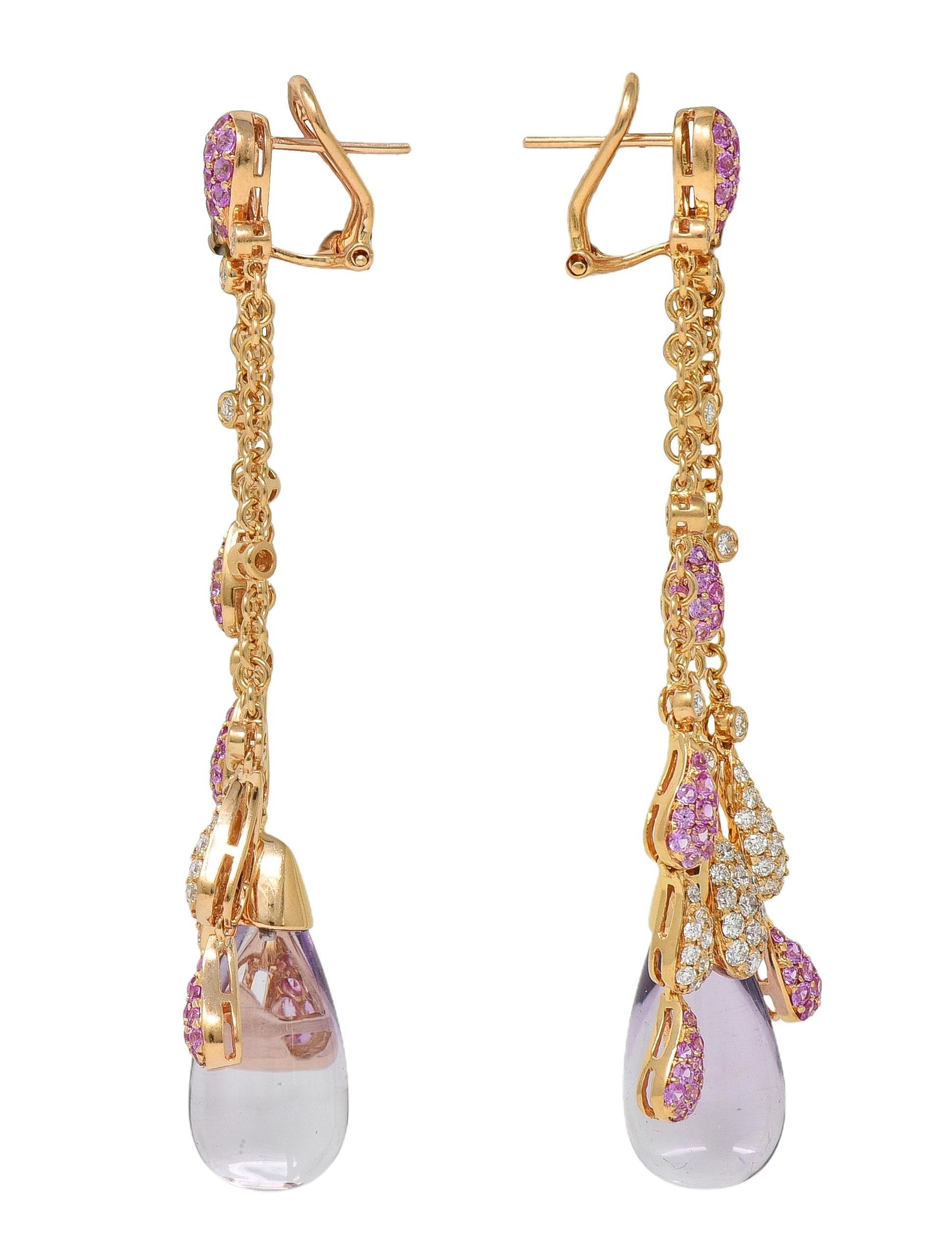 Contemporary 5.46 CTW Pink Sapphire Diamond Amethyst 18K Gold Drop Earrings