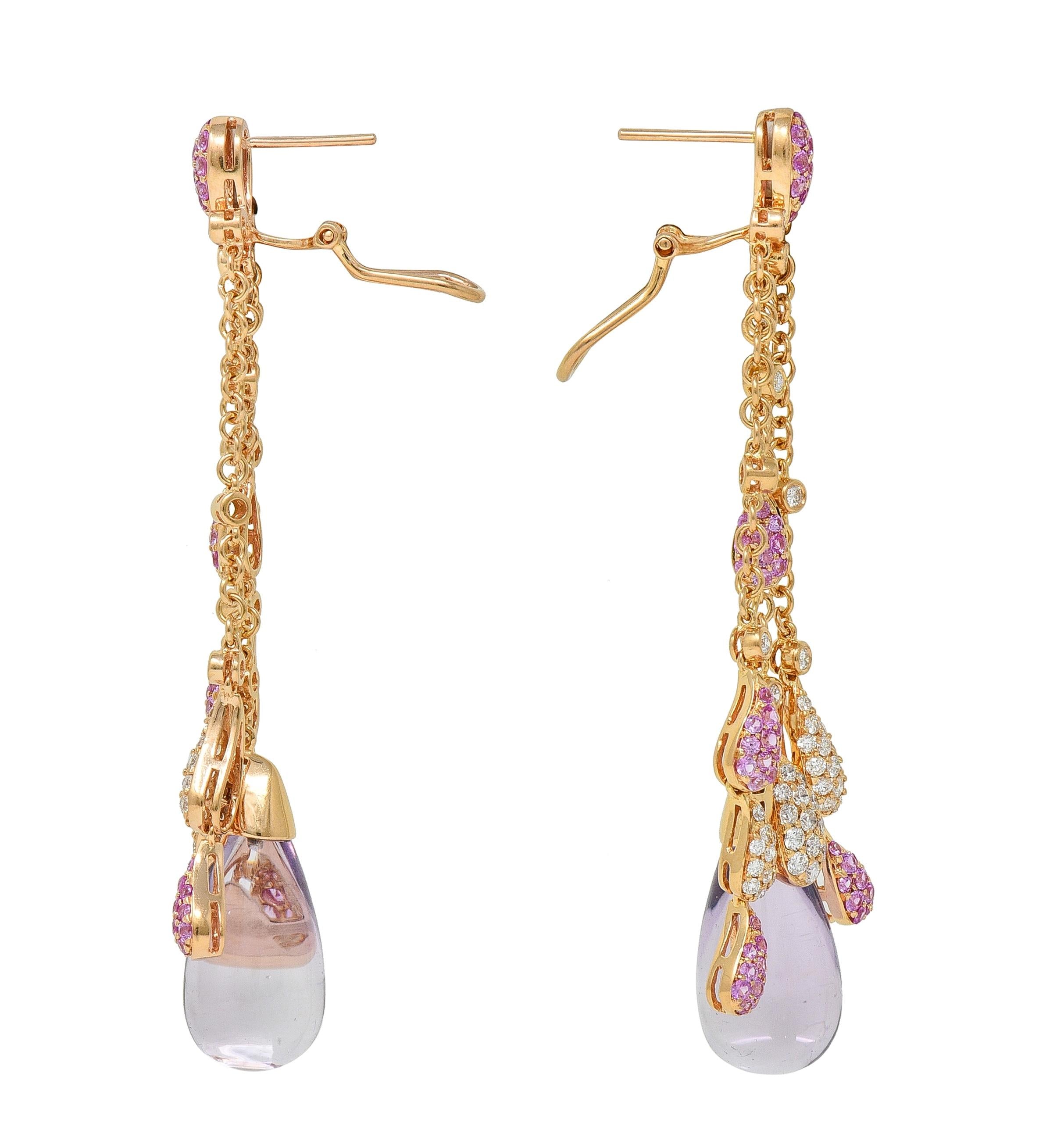 Contemporary 5.46 CTW Pink Sapphire Diamond Amethyst 18K Gold Drop Earrings
