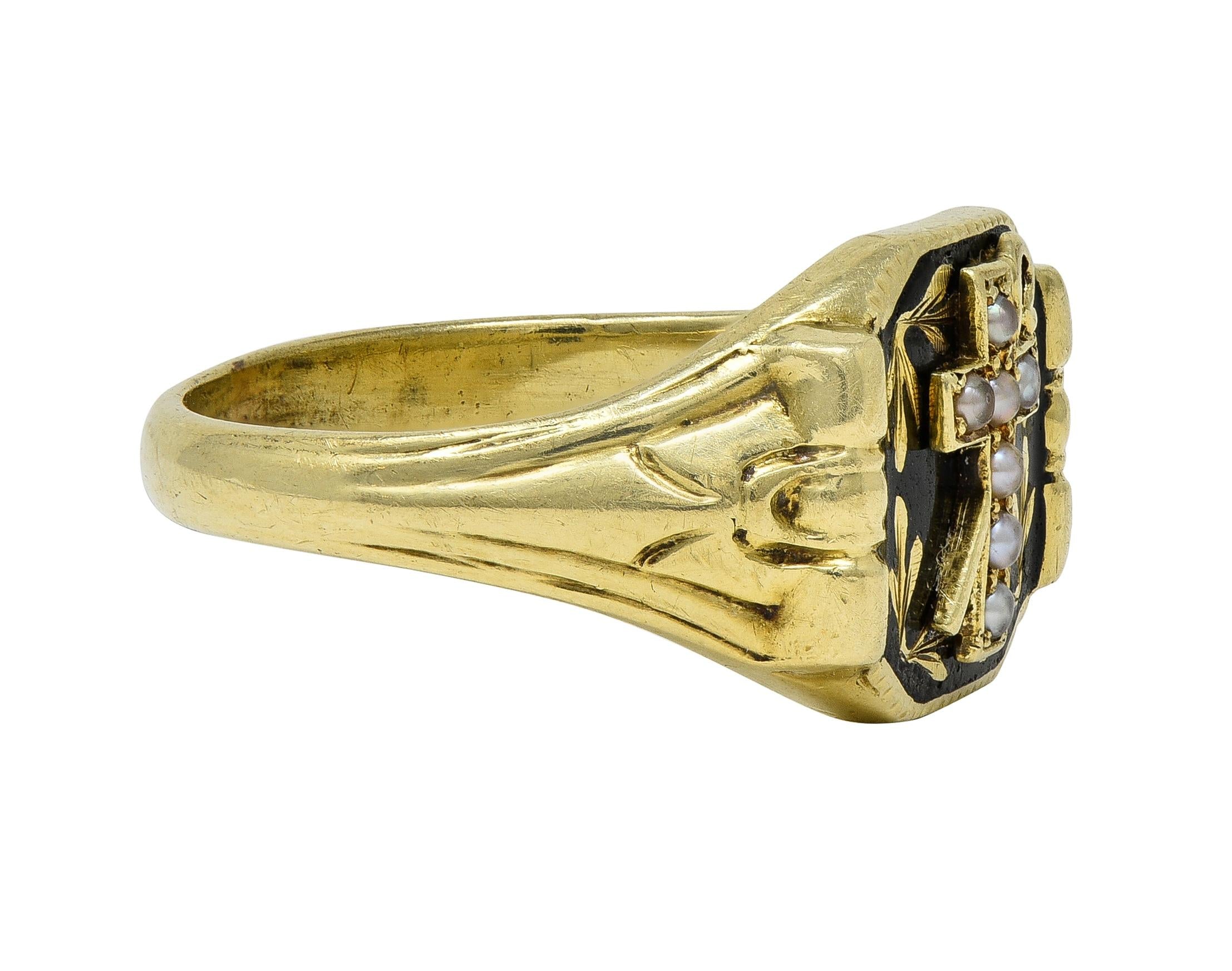 Riker Brother Enamel 14K Yellow Gold Antique Mourning Cross Unisex Signet Ring