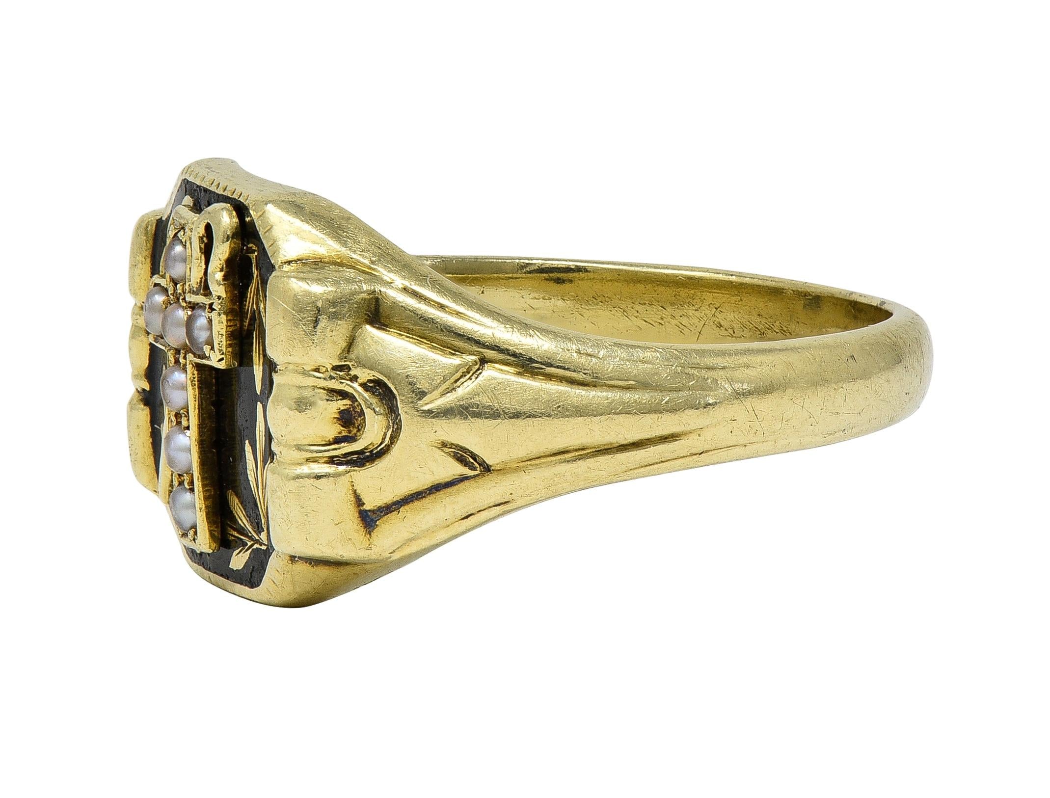 Riker Brother Enamel 14K Yellow Gold Antique Mourning Cross Unisex Signet Ring