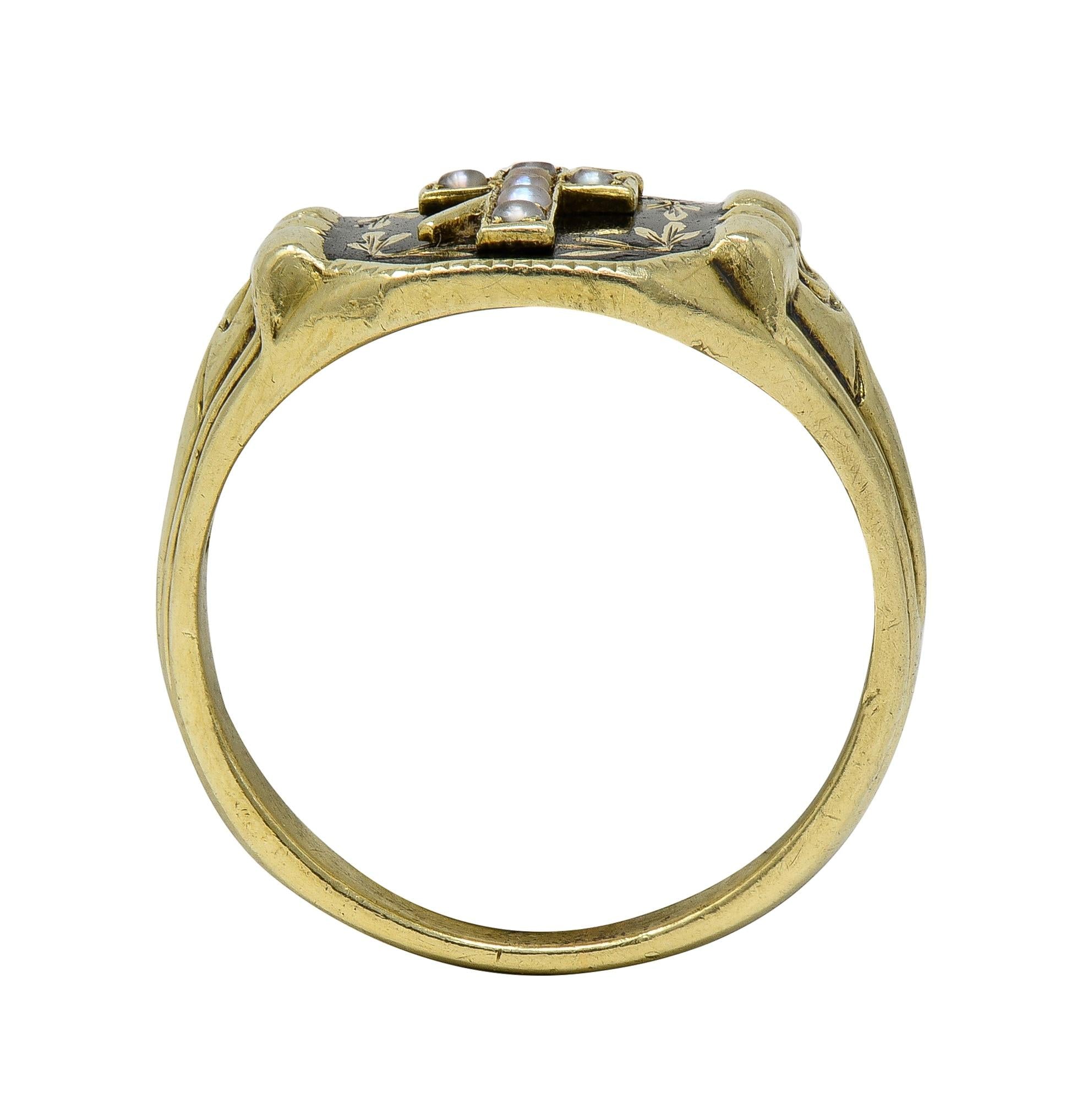 Riker Brother Enamel 14K Yellow Gold Antique Mourning Cross Unisex Signet Ring