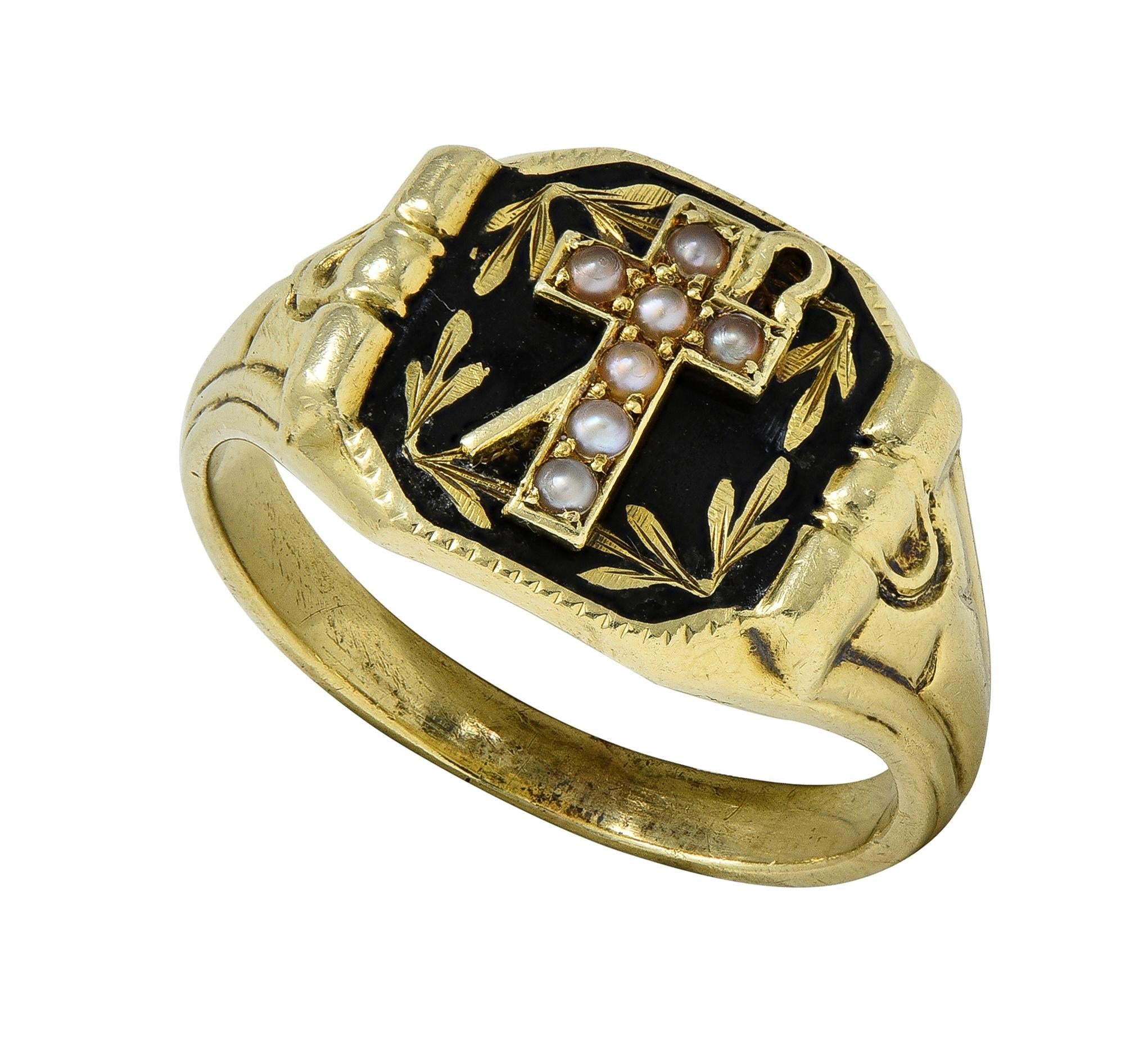 Riker Brother Enamel 14K Yellow Gold Antique Mourning Cross Unisex Signet Ring