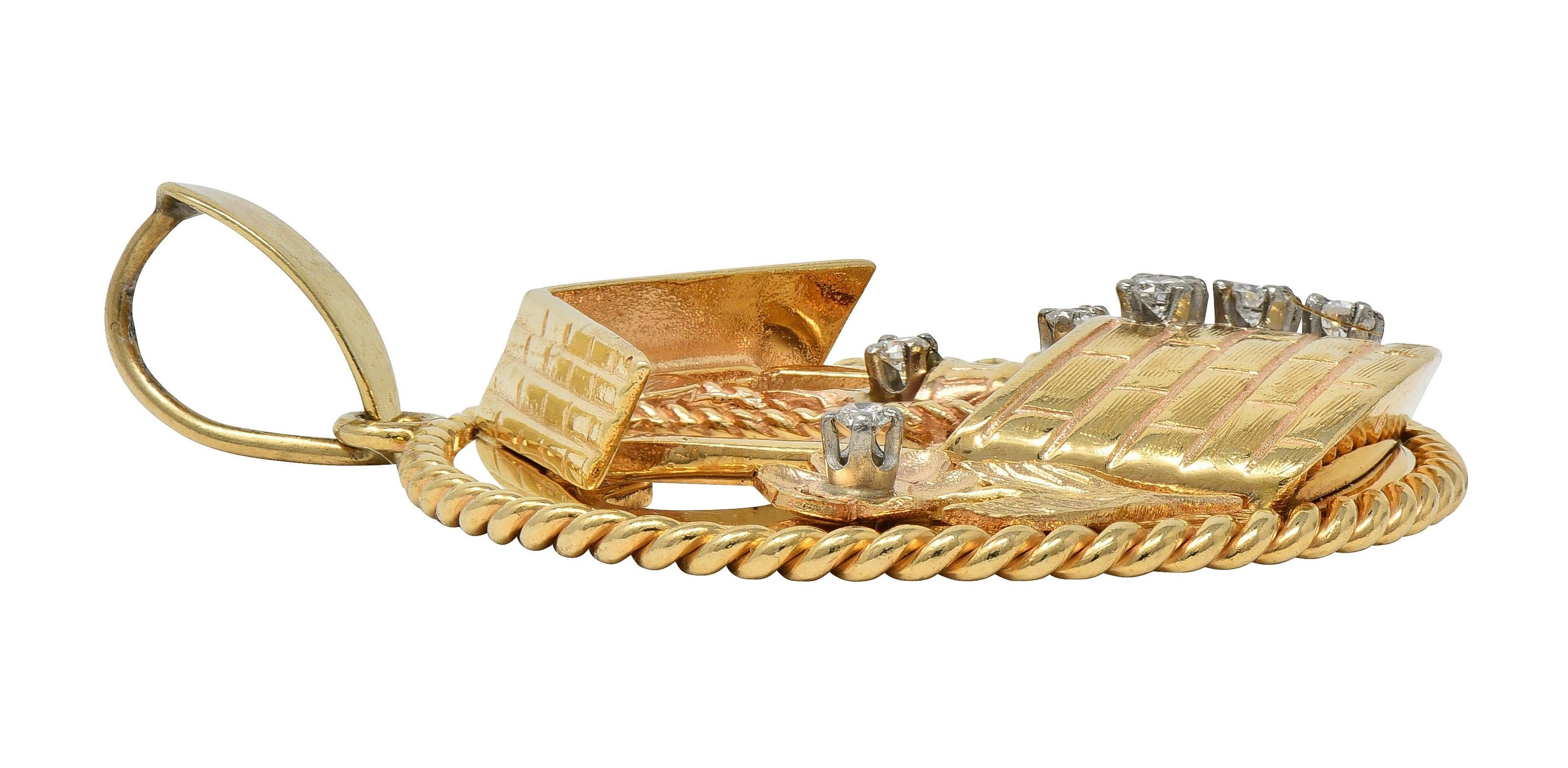 1950's Diamond 14 Karat Yellow Gold Vintage Wishing Well Pendant Charm