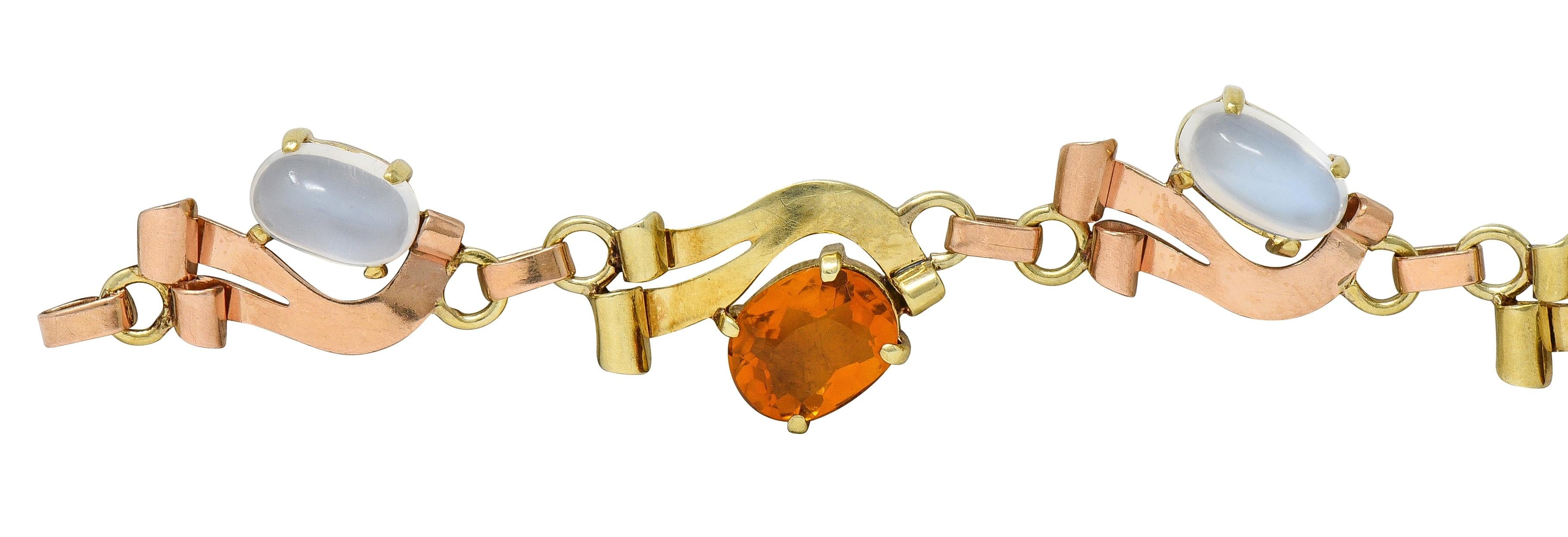 Retro Citrine Moonstone 14 Karat Two-Tone Gold Vintage Ribbon Link Bracelet