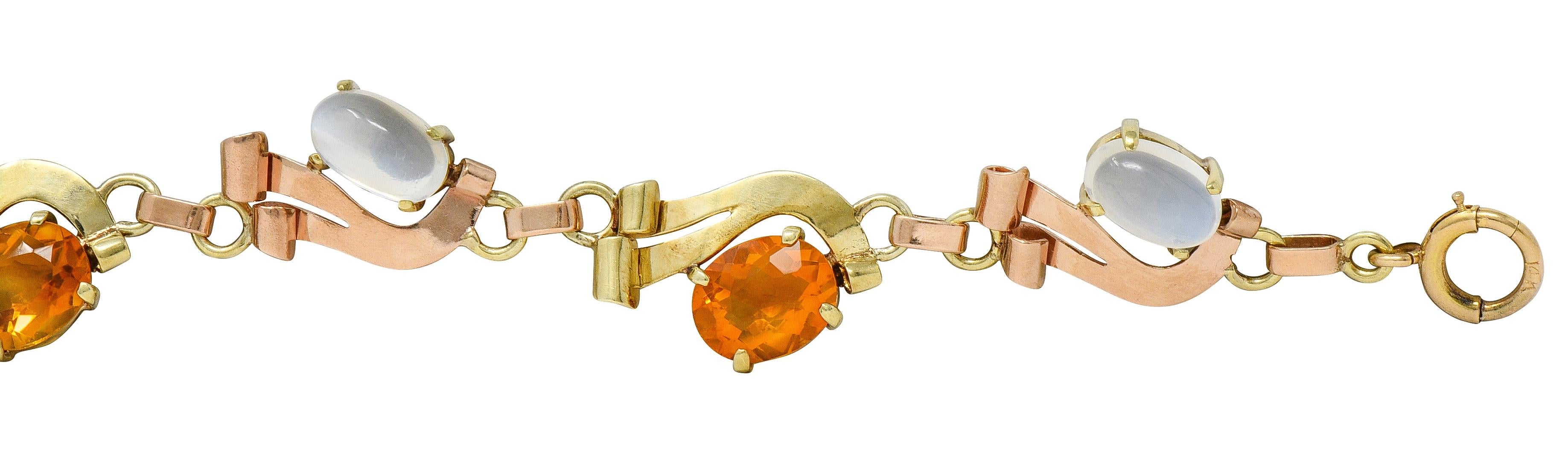 Retro Citrine Moonstone 14 Karat Two-Tone Gold Vintage Ribbon Link Bracelet