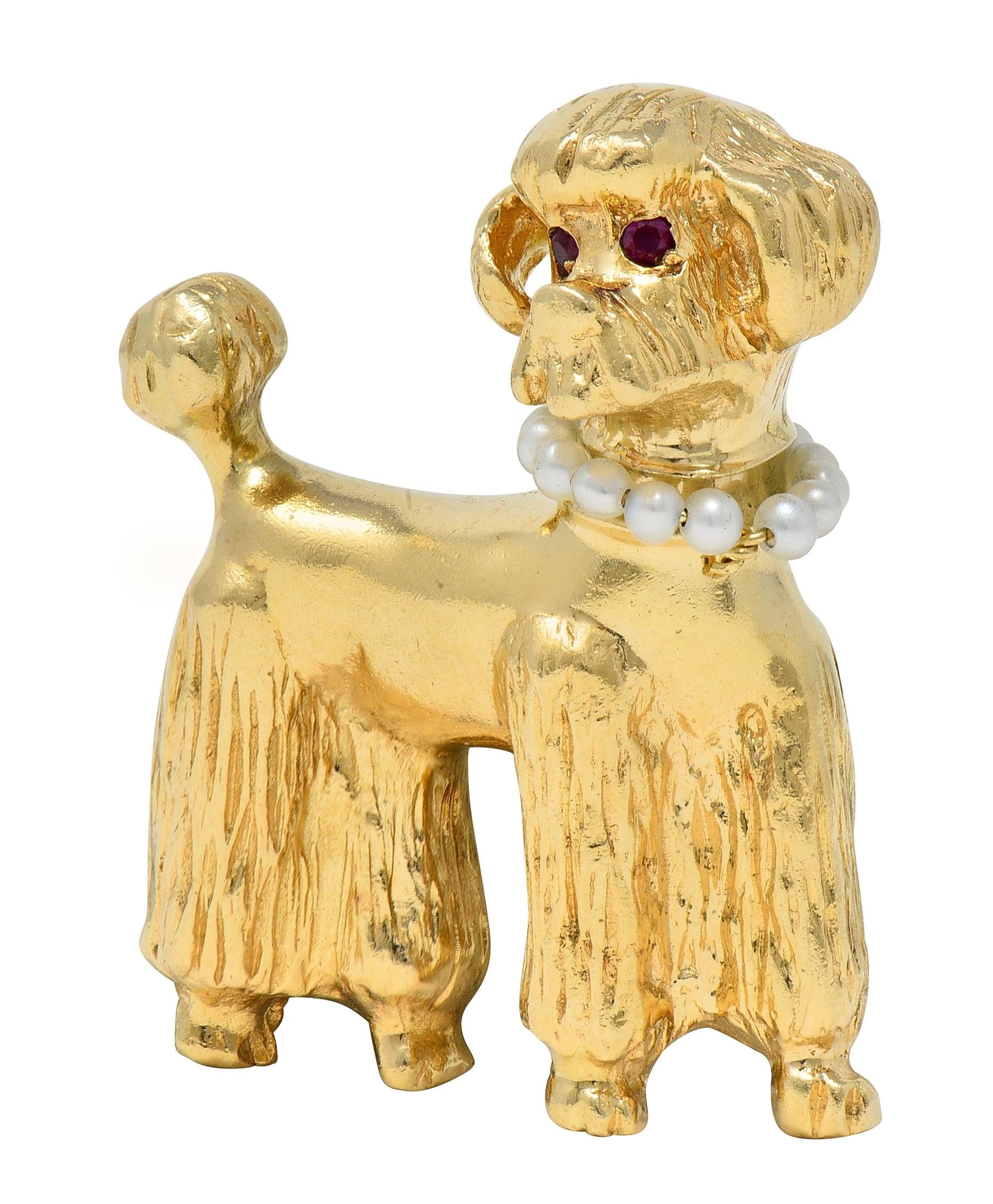 1950's Ruby Pearl 14 Karat Yellow Gold Vintage Poodle Pendant Charm
