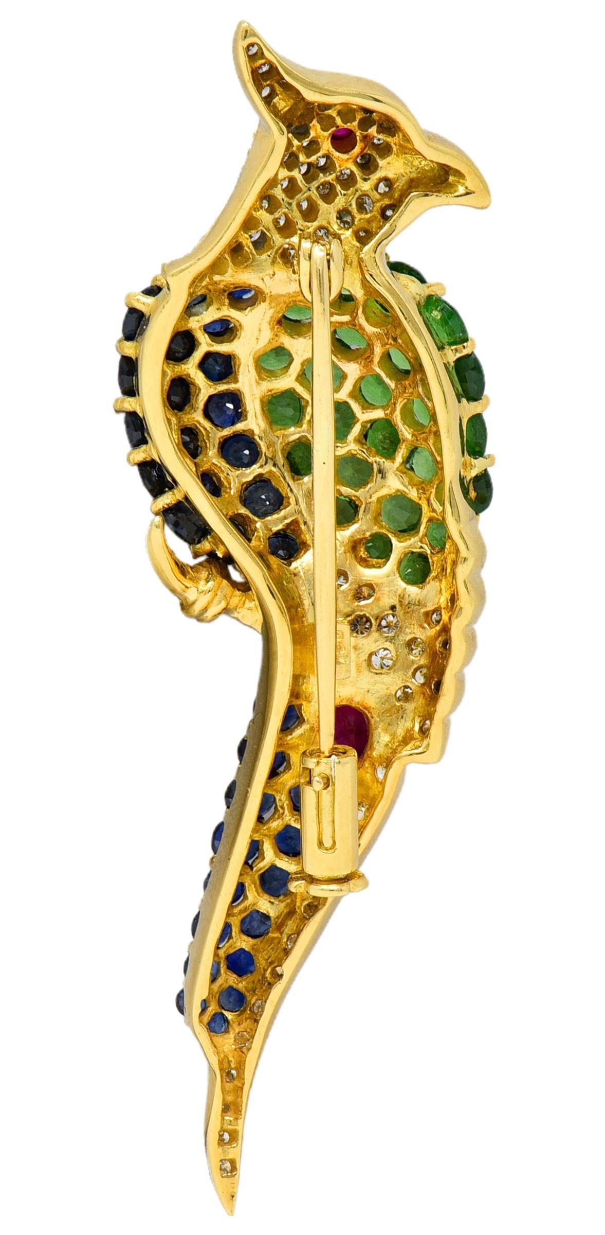 Sapphire Diamond Multi-Gem 18 Karat Yellow Gold Vintage Cockatiel Bird Brooch