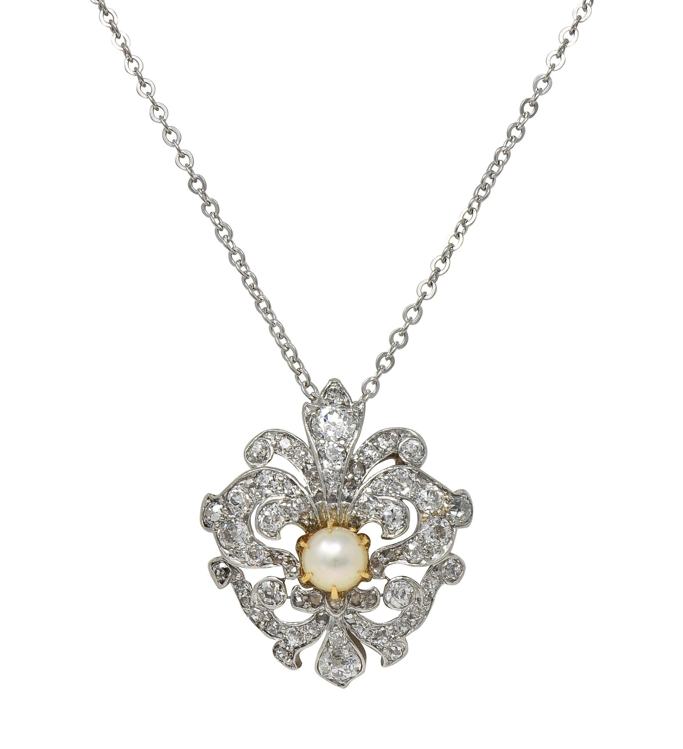 Edwardian Diamond Pearl Platinum 18K Gold Fleur-De-Lis Antique Pendant Necklace