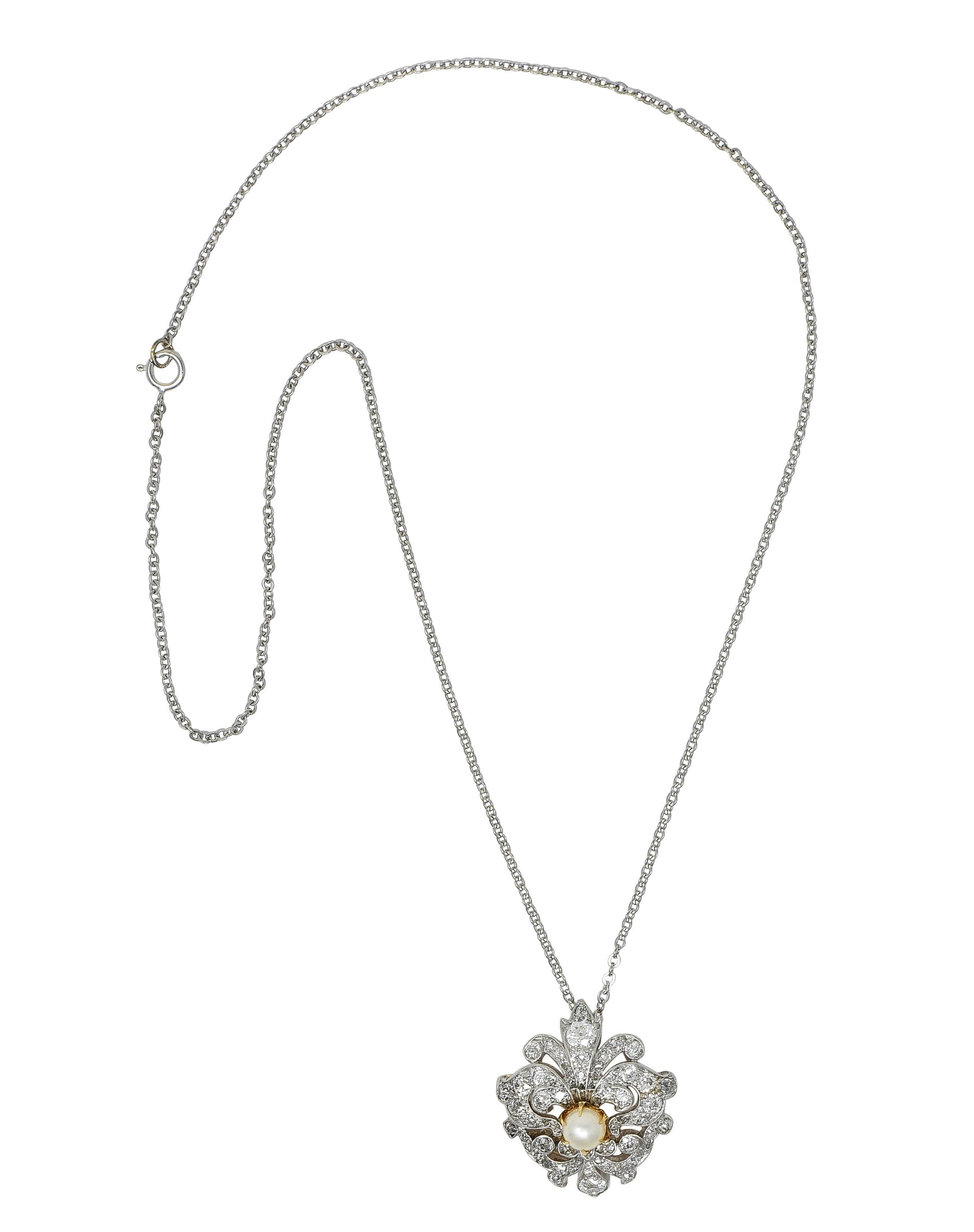 Edwardian Diamond Pearl Platinum 18K Gold Fleur-De-Lis Antique Pendant Necklace