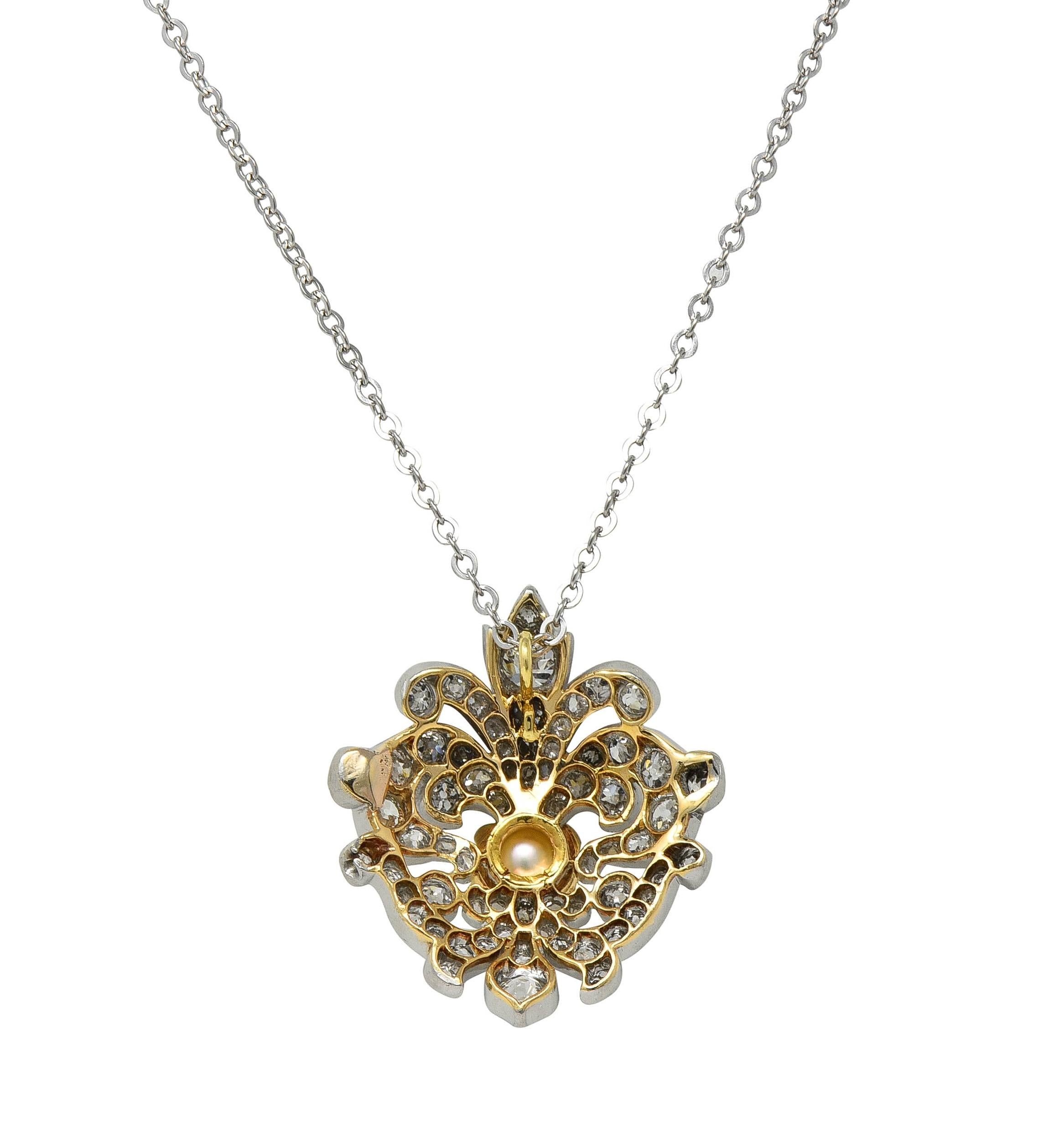 Edwardian Diamond Pearl Platinum 18K Gold Fleur-De-Lis Antique Pendant Necklace
