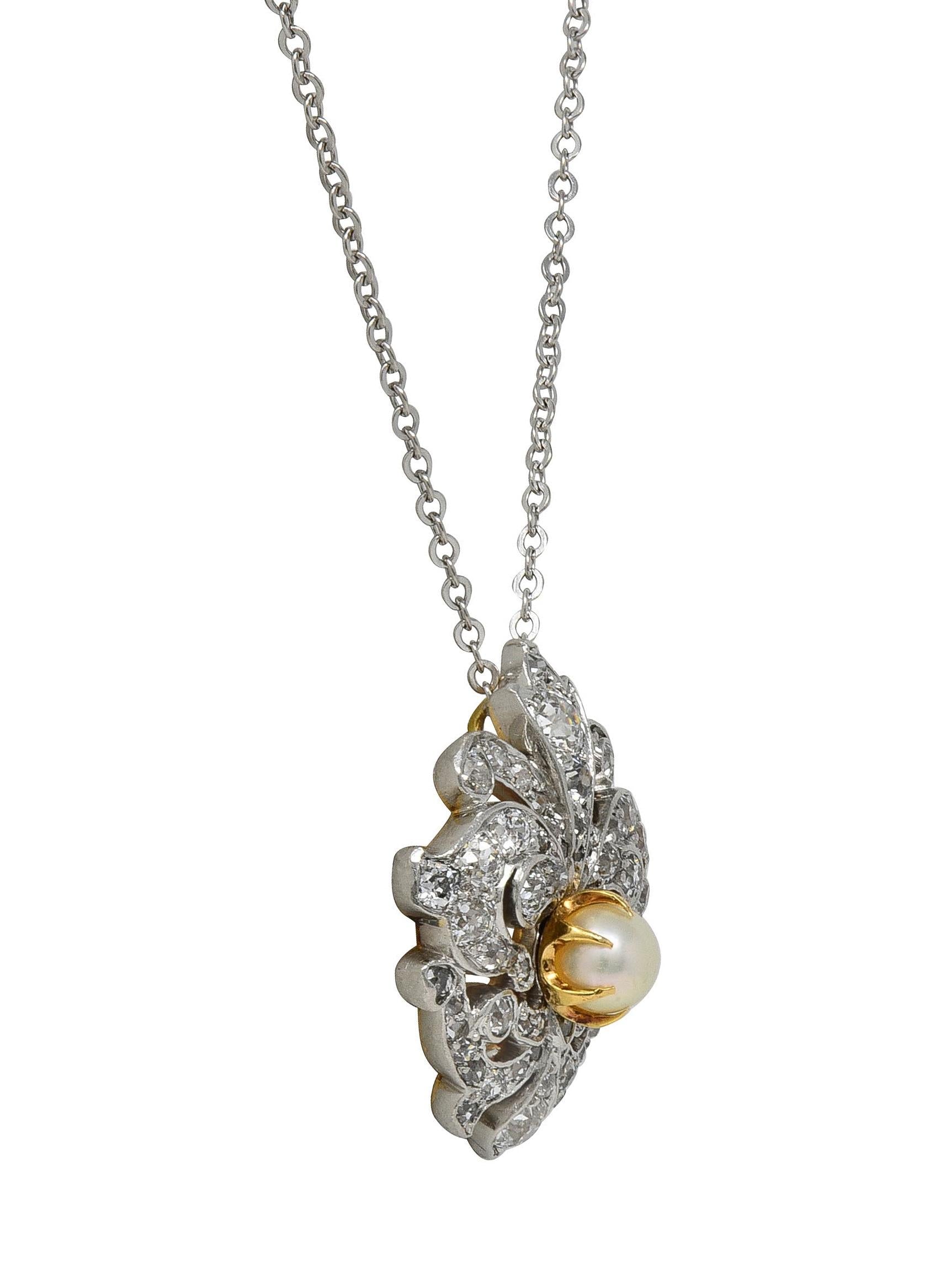 Edwardian Diamond Pearl Platinum 18K Gold Fleur-De-Lis Antique Pendant Necklace