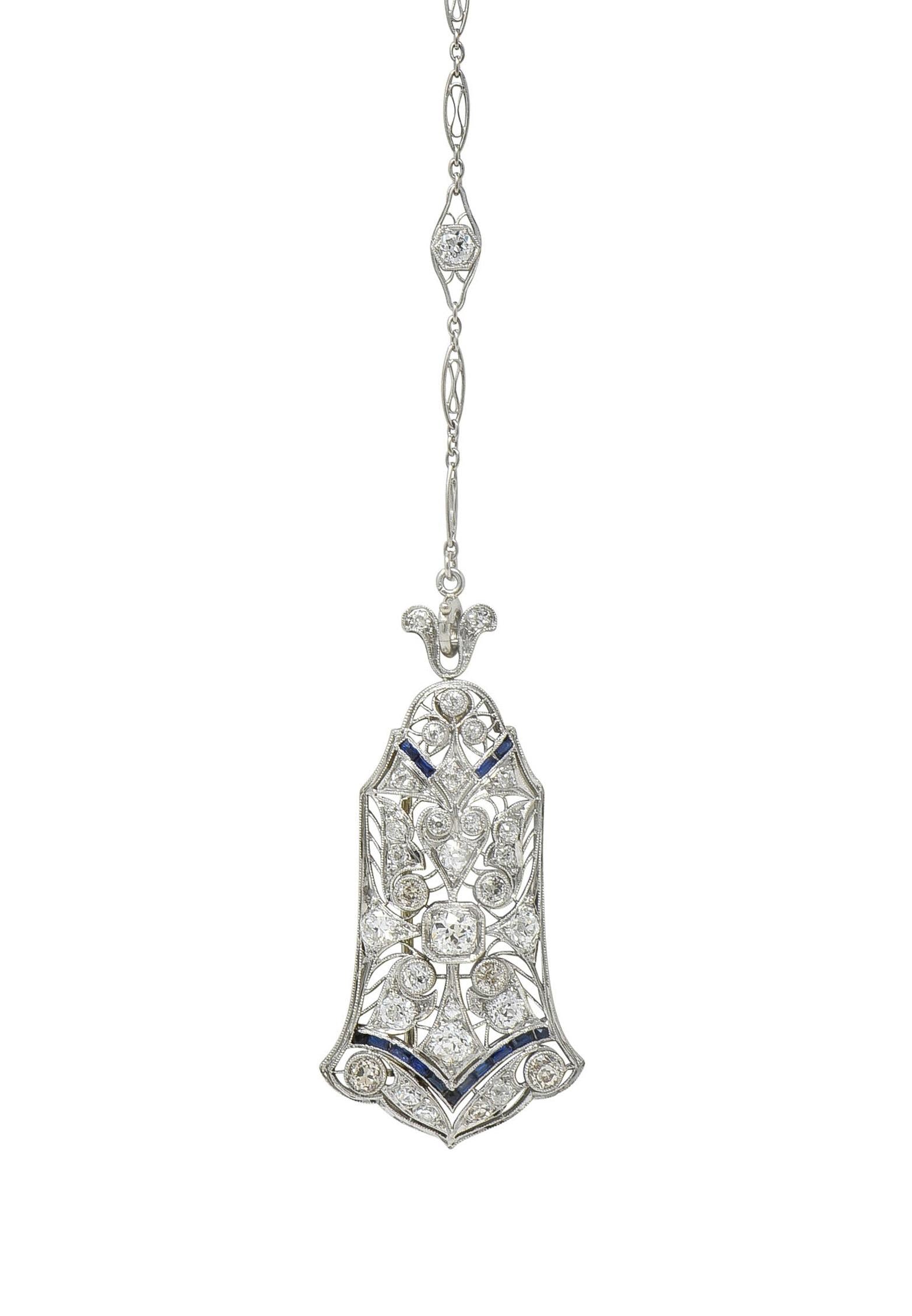 Art Deco 4.00 CTW Diamond Sapphire Platinum Vintage Sartuoir Pendant Necklace