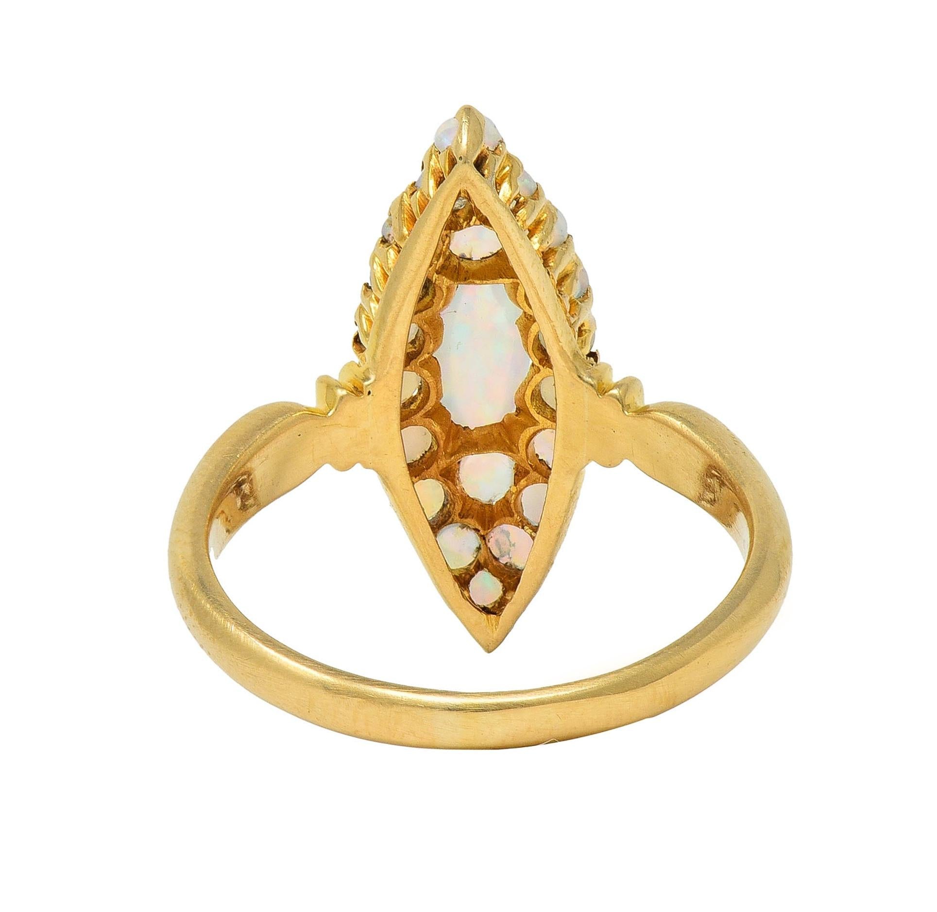 Victorian 1897 Opal Cabochon 18 Karat Yellow Gold Antique Navette Cluster Ring