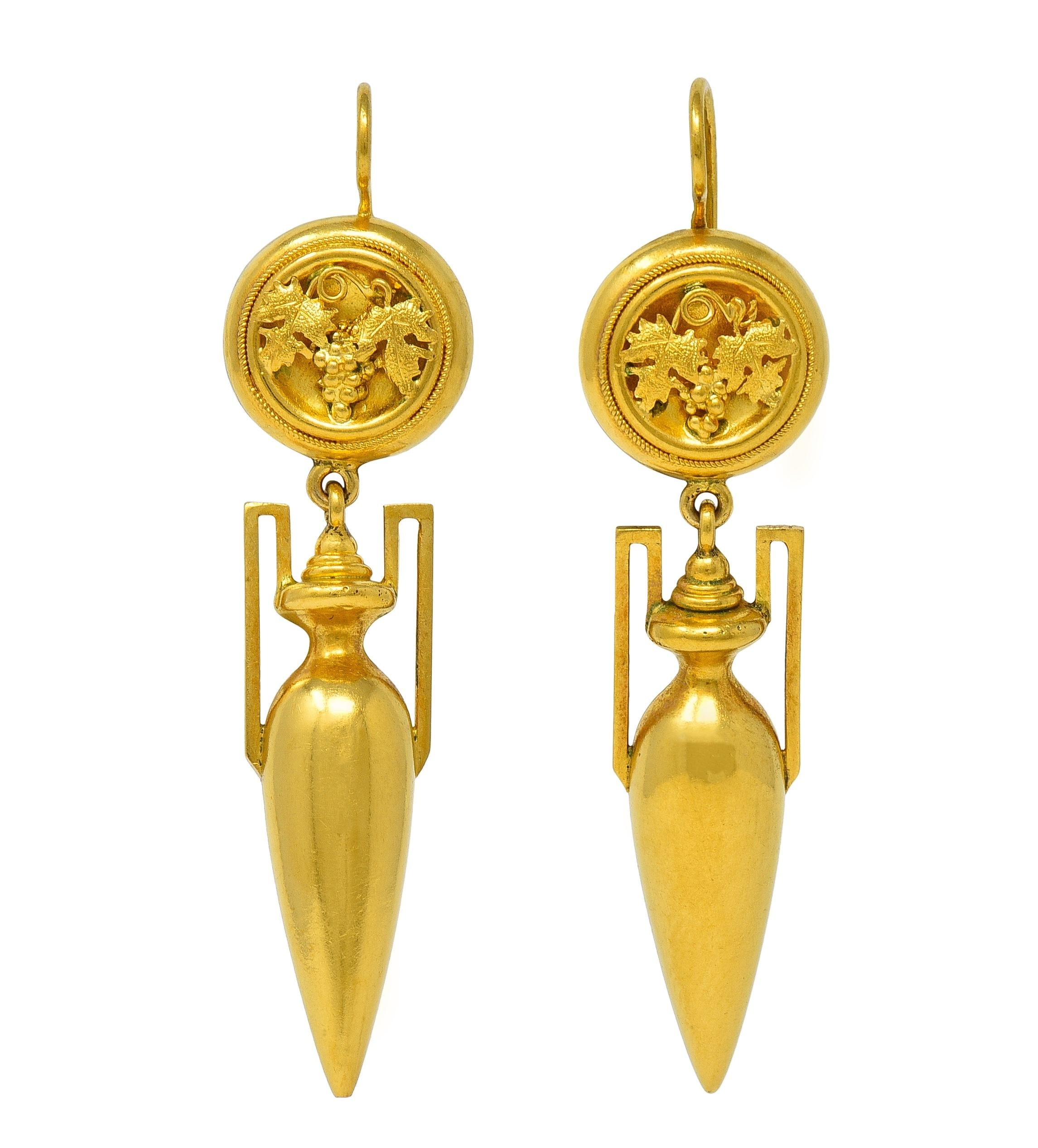 Victorian Etruscan Revival 18K Gold Antique Grapevine Amphora Drop Earrings