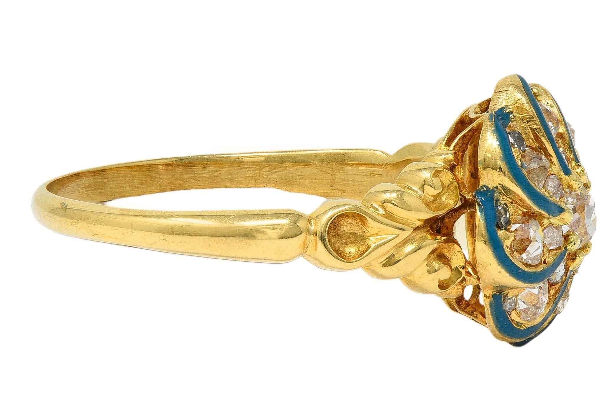 Victorian Diamond Teal Enamel 18K Gold Antique Swirling Floral Cluster Ring