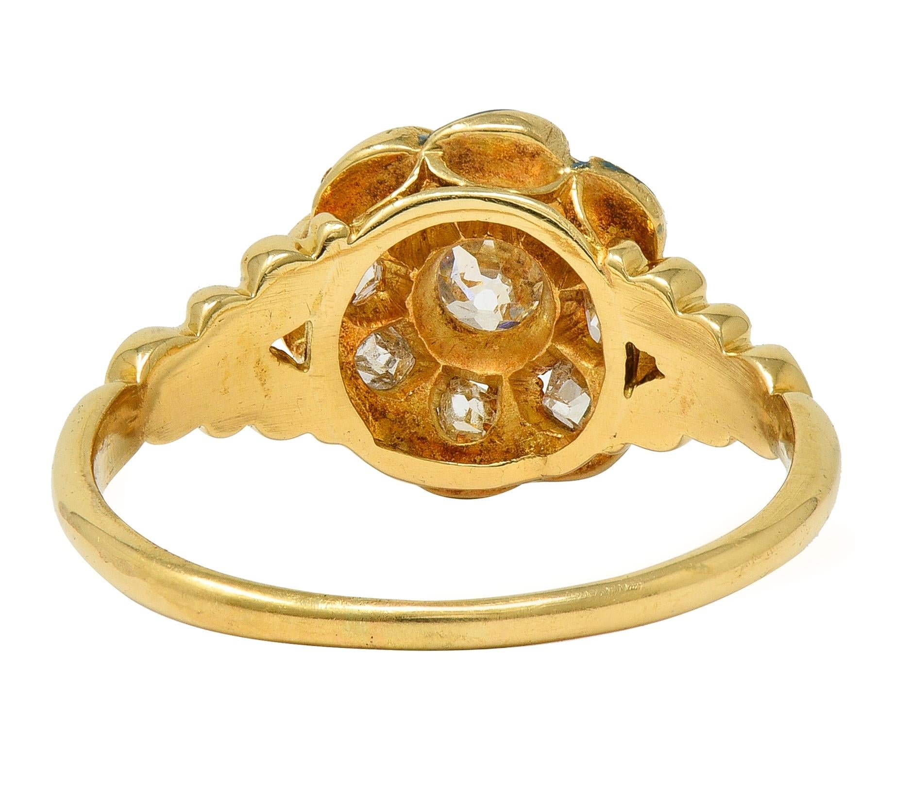 Victorian Diamond Teal Enamel 18K Gold Antique Swirling Floral Cluster Ring