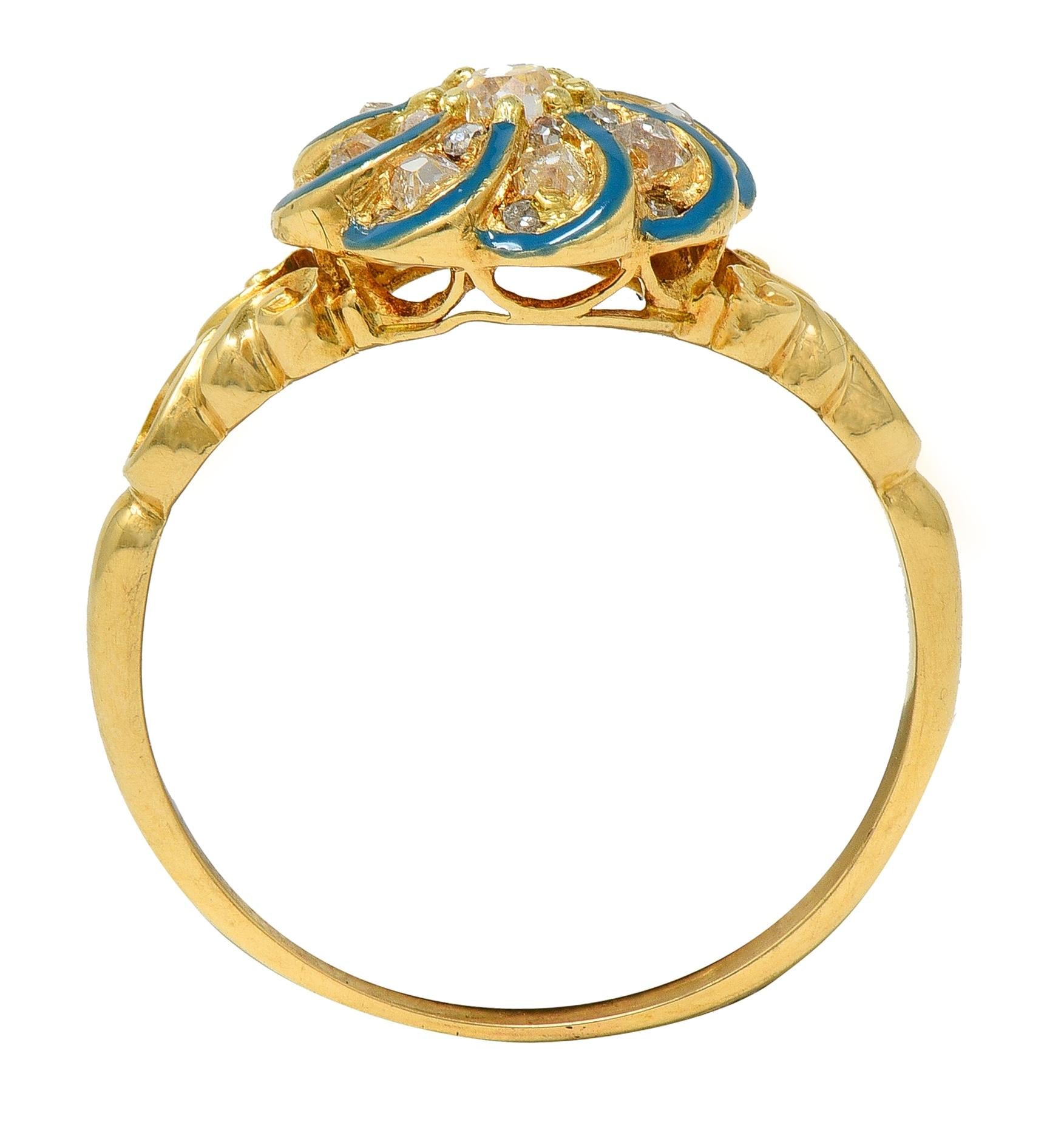 Victorian Diamond Teal Enamel 18K Gold Antique Swirling Floral Cluster Ring