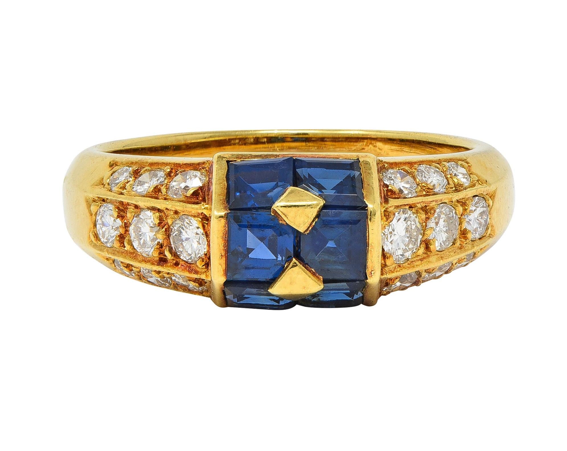 French 1960s 1.80 CTW Sapphire Diamond 18 Karat Yellow Gold Vintage Band Ring