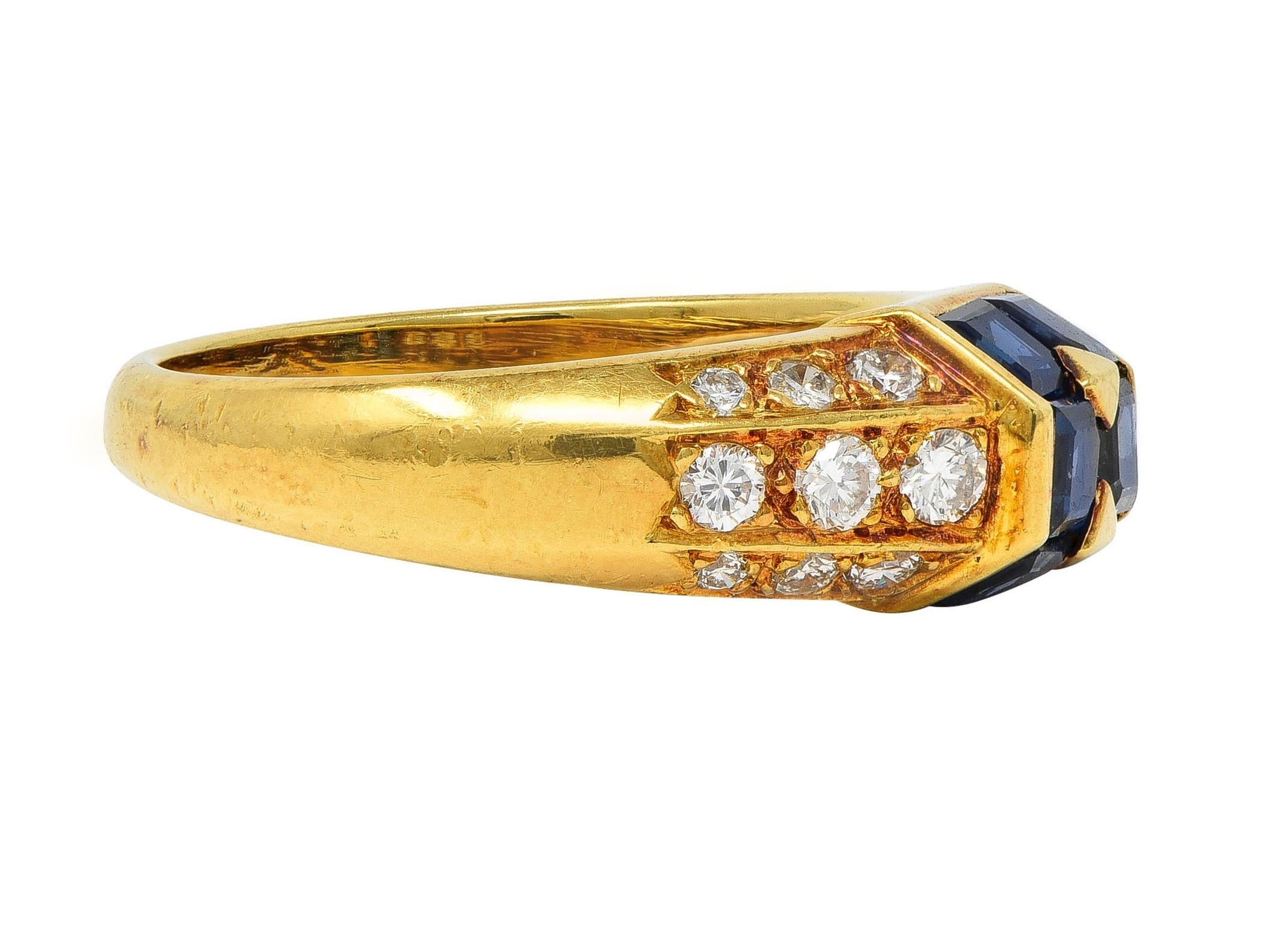 French 1960s 1.80 CTW Sapphire Diamond 18 Karat Yellow Gold Vintage Band Ring