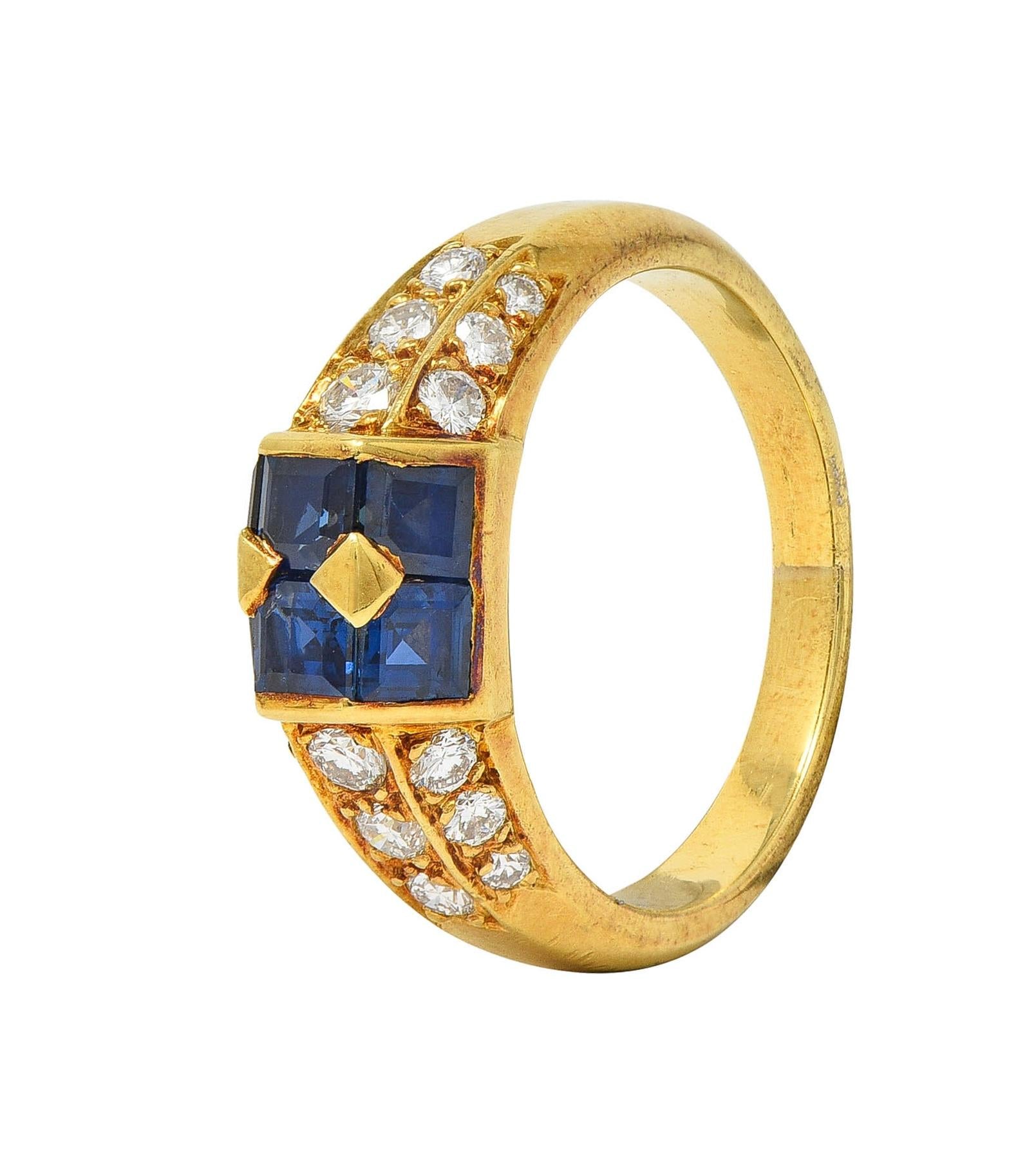French 1960s 1.80 CTW Sapphire Diamond 18 Karat Yellow Gold Vintage Band Ring