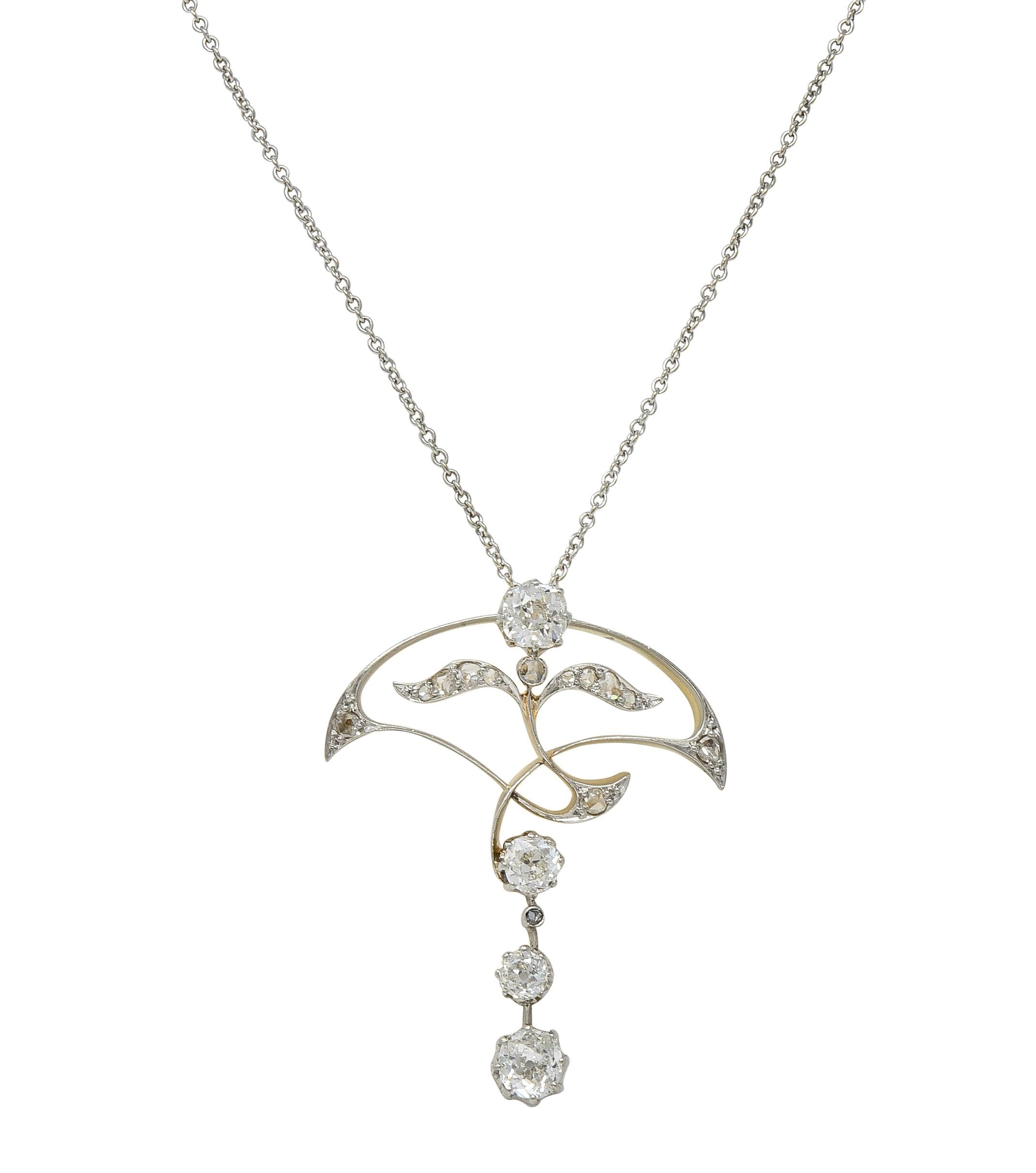 Edwardian 1.55 CTW Diamond Platinum 14K Gold Antique Floral Pendant Necklace