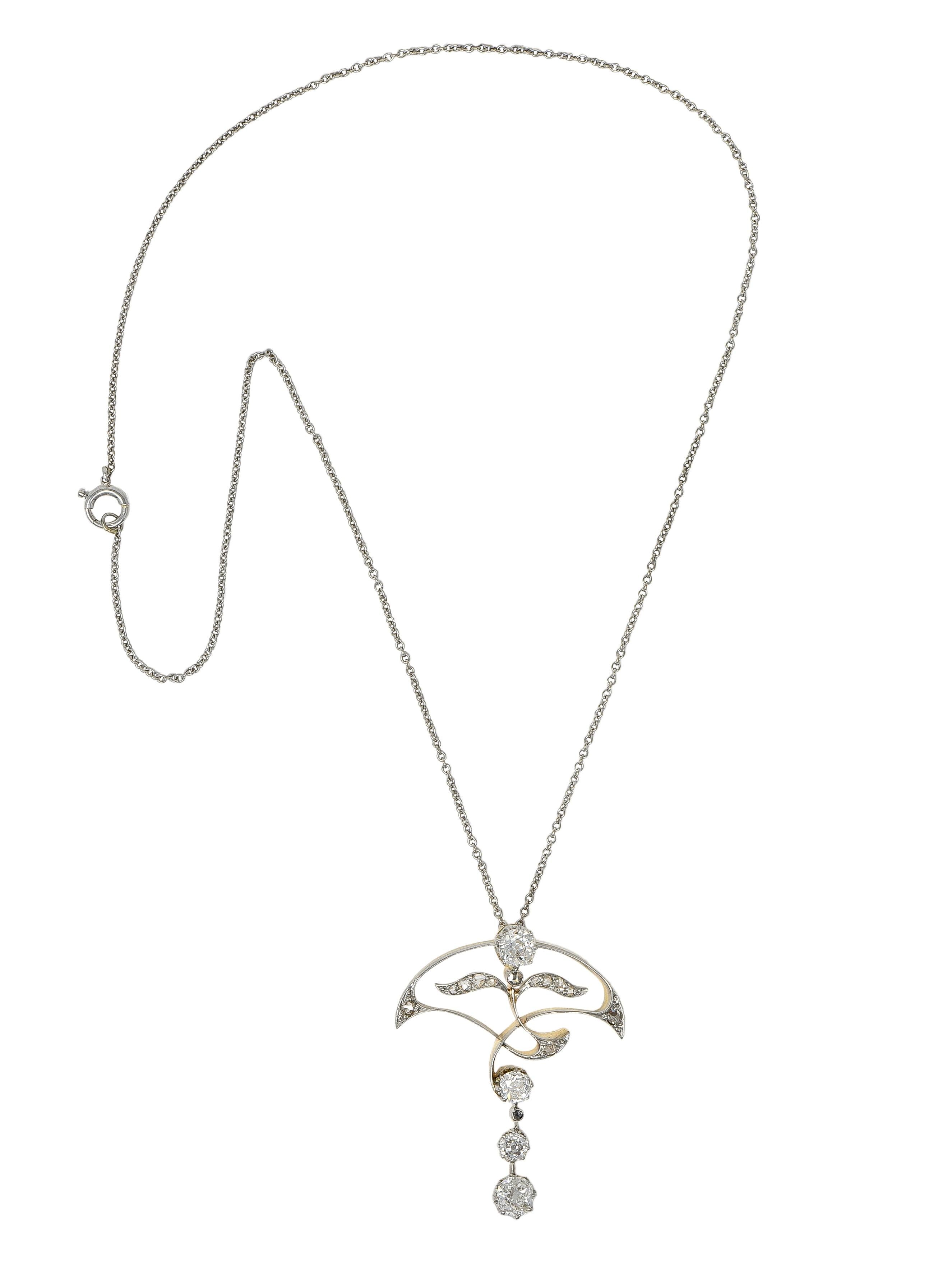 Edwardian 1.55 CTW Diamond Platinum 14K Gold Antique Floral Pendant Necklace