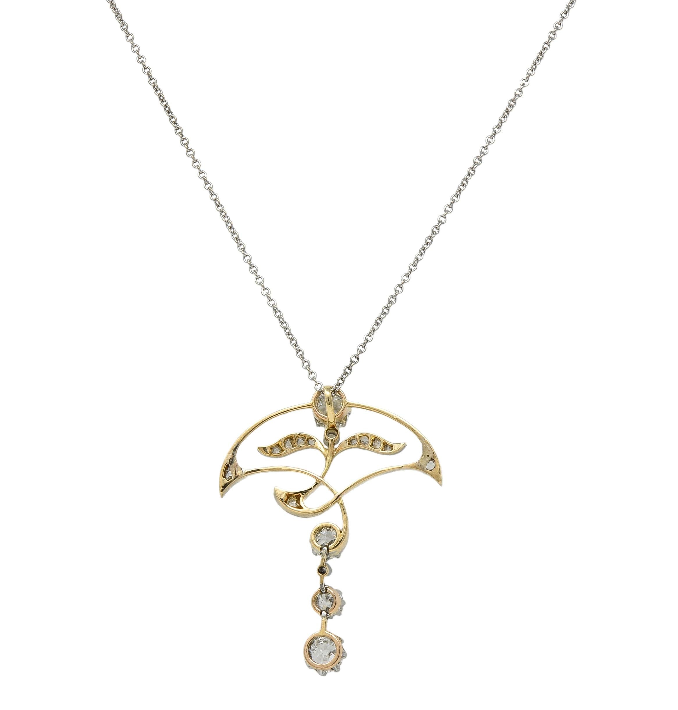 Edwardian 1.55 CTW Diamond Platinum 14K Gold Antique Floral Pendant Necklace