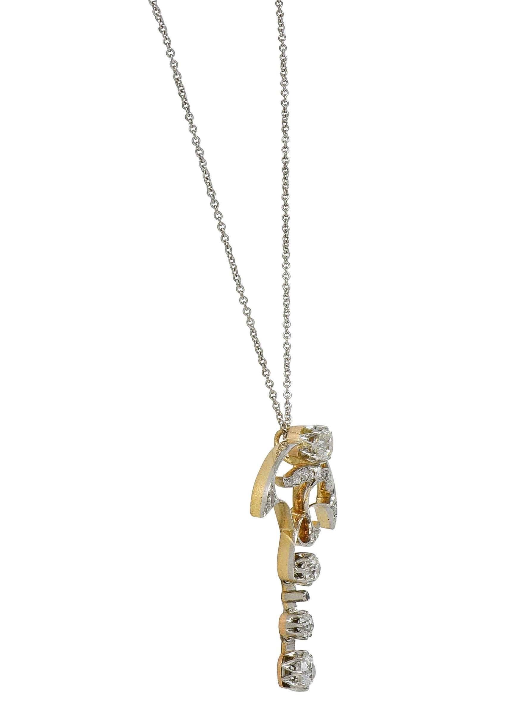 Edwardian 1.55 CTW Diamond Platinum 14K Gold Antique Floral Pendant Necklace