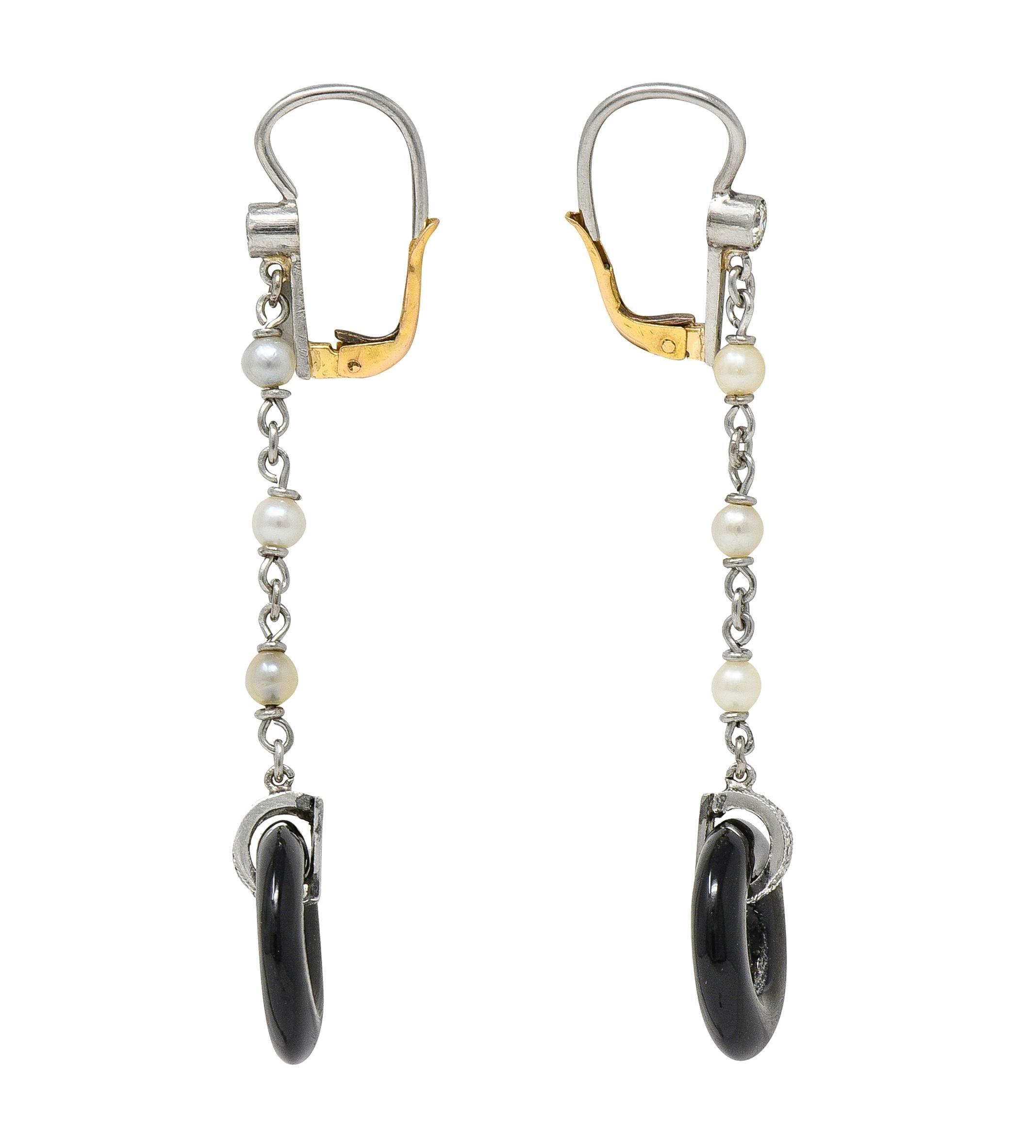 Art Deco Diamond Onyx Pearl Platinum 18 Karat Gold Antique Drop Earrings