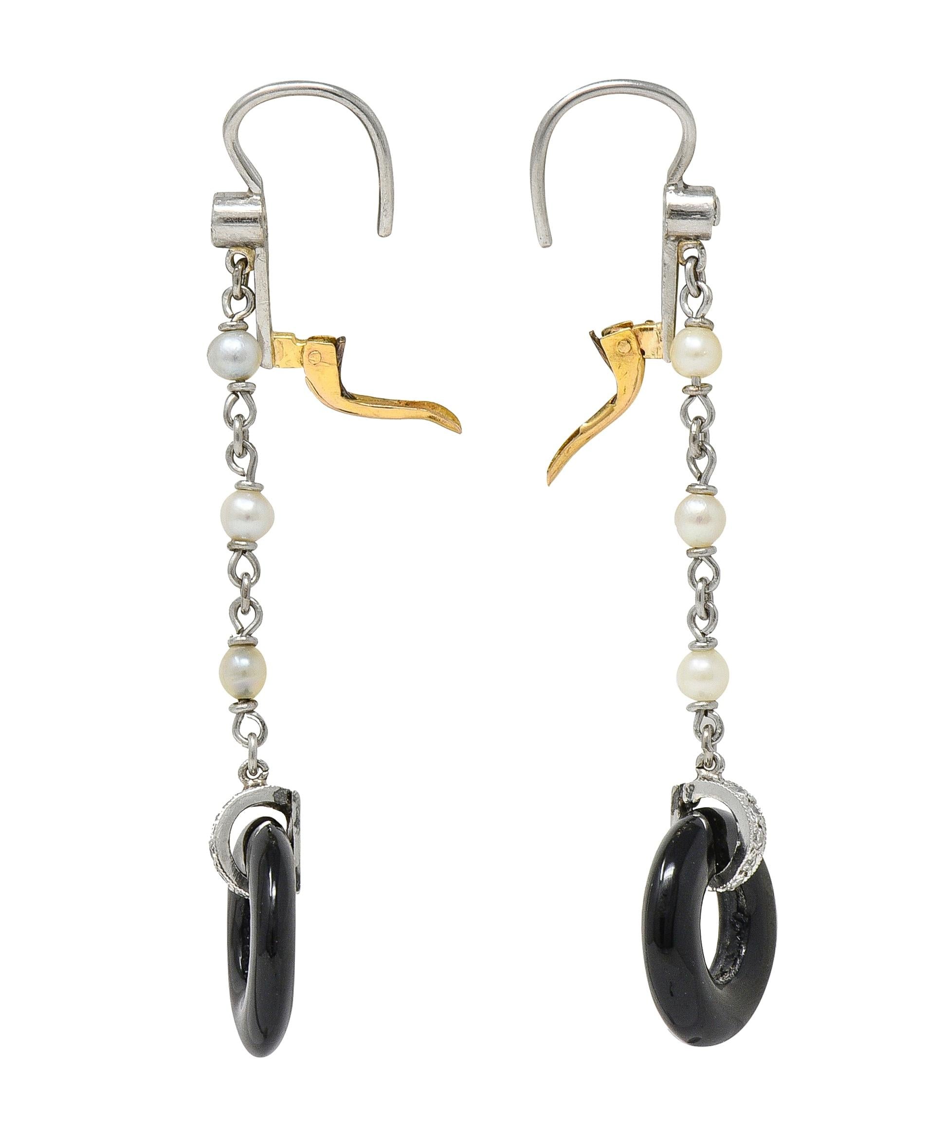 Art Deco Diamond Onyx Pearl Platinum 18 Karat Gold Antique Drop Earrings