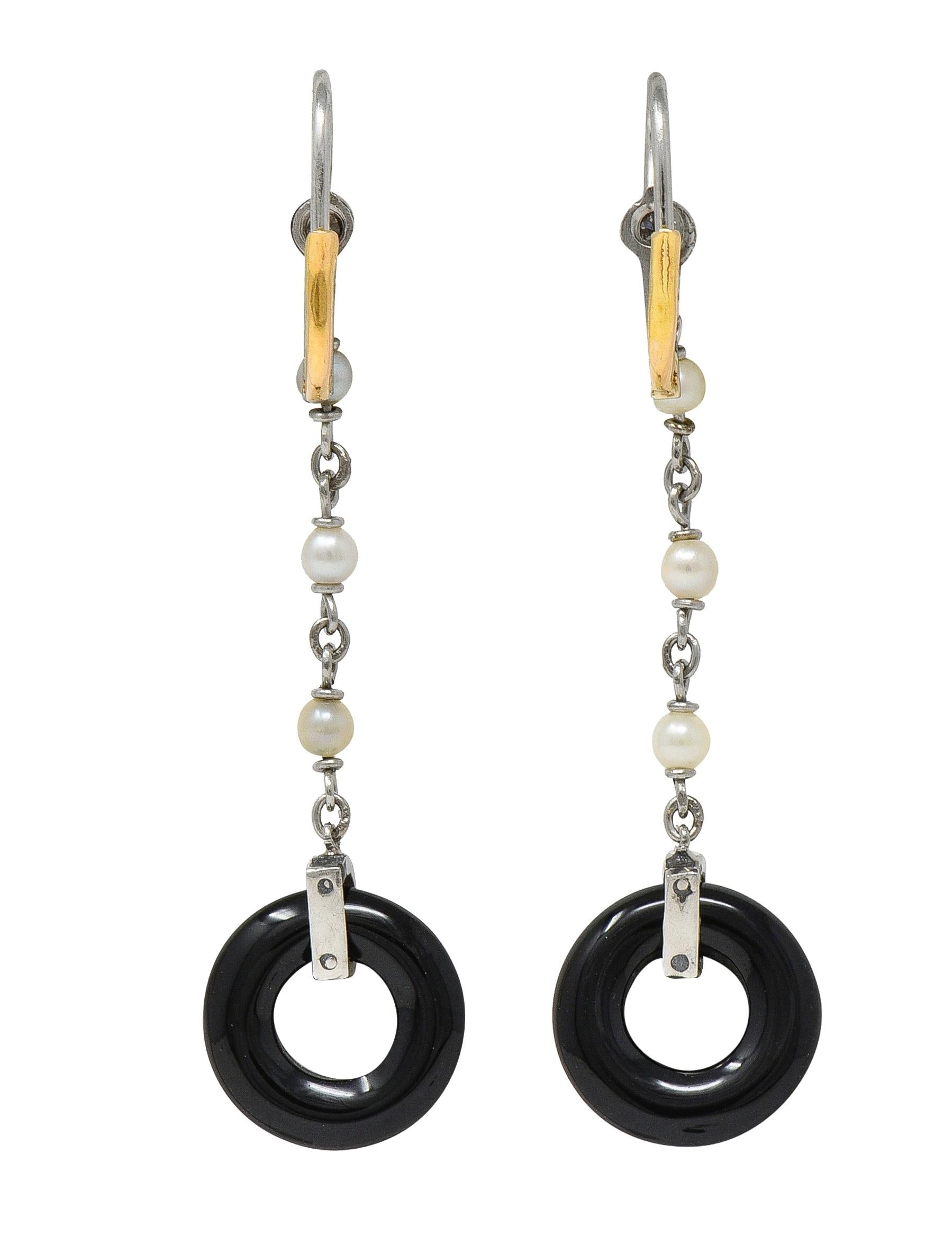 Art Deco Diamond Onyx Pearl Platinum 18 Karat Gold Antique Drop Earrings