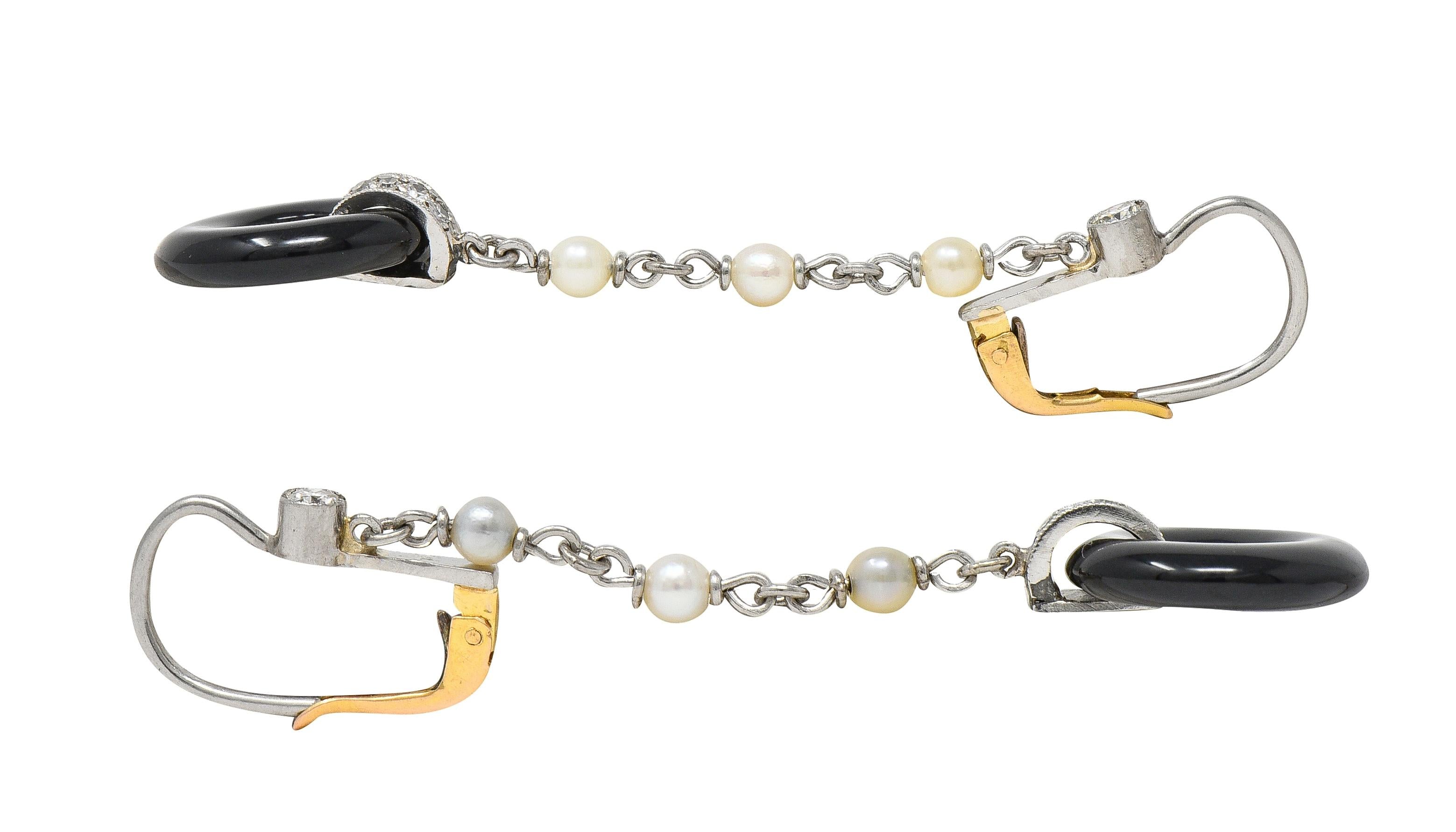 Art Deco Diamond Onyx Pearl Platinum 18 Karat Gold Antique Drop Earrings